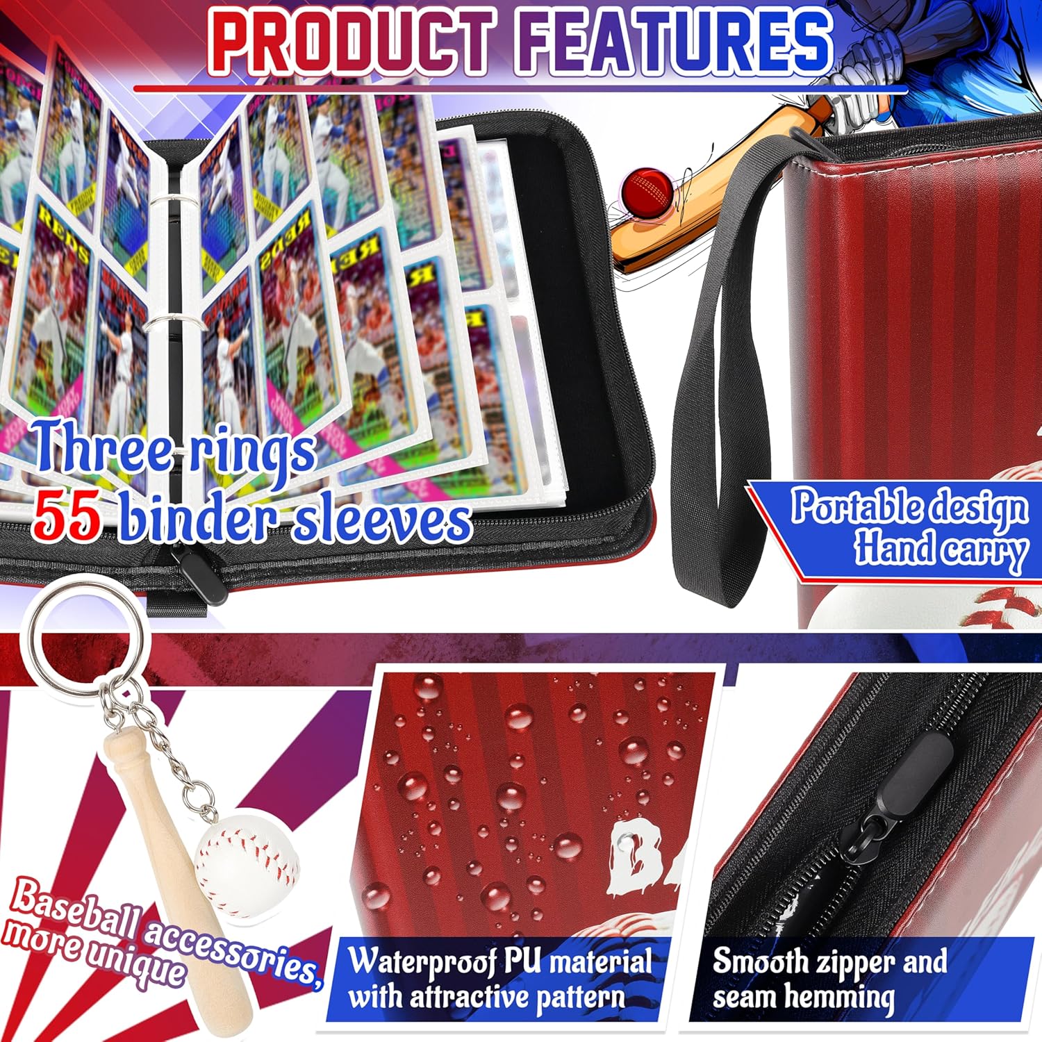 ZAIONE 4-Pocket Baseball Card Binder: Portable 440 Pockets Trading Cards Album for Teens Boys Girls - Zipper Card Holder Binder with Removable Sleeves for 2025 Design Gift (Red)