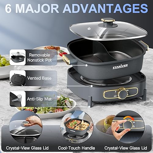 Miniatura 4 de Stariver Olla eléctrica con divisor, olla eléctrica Shabu Shabu Shabu de doble sabor grande de 6 L, olla caliente de 1500 W con 3 ajustes de
