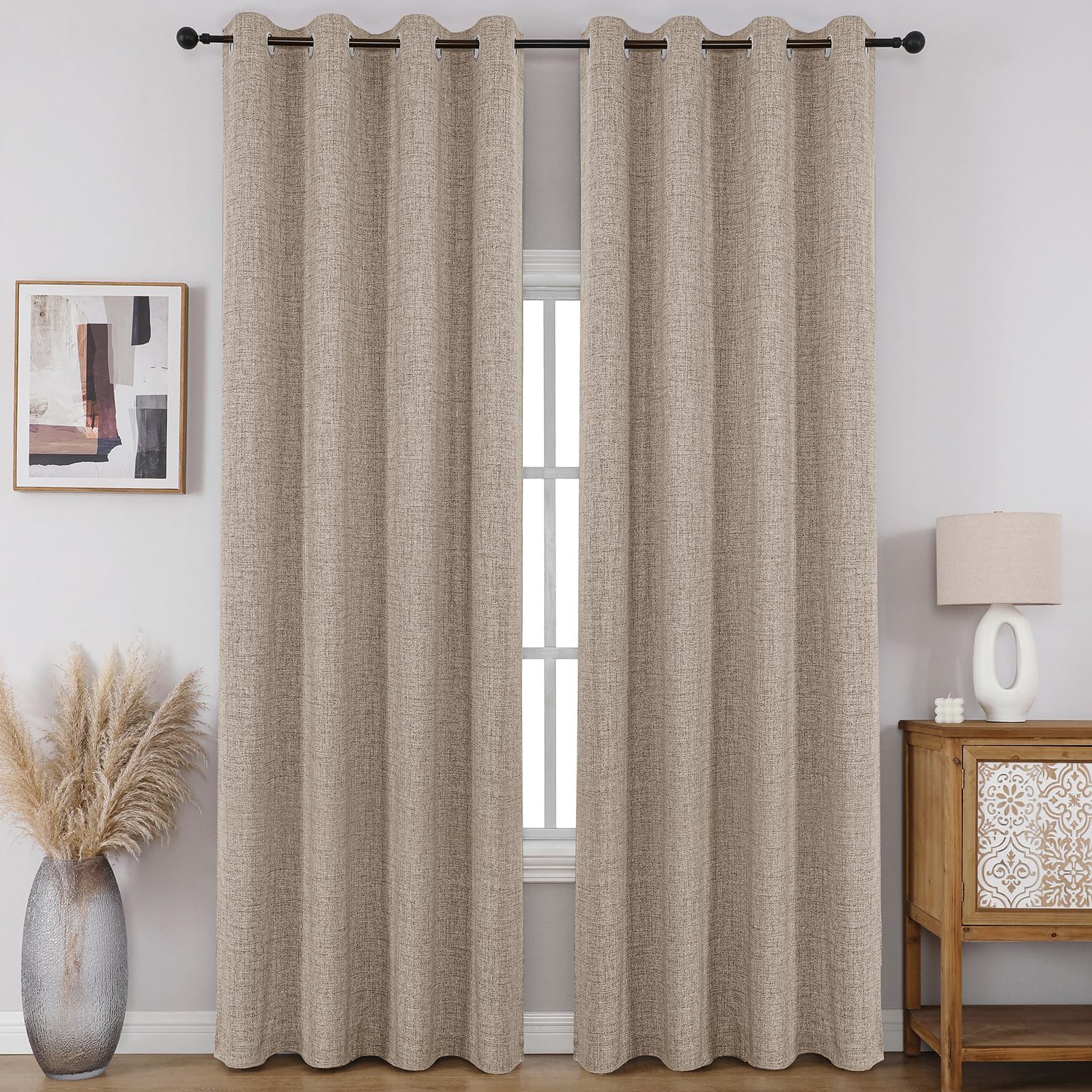 100% Blackout Window Curtains 84 inches Long 2 Panels Set, Faux Linen Look Thermal Insulated Grommet Drapes, Room Darkening Curtain for Bedroom Living Room(W52 x L84 Inch, Light Khaki)