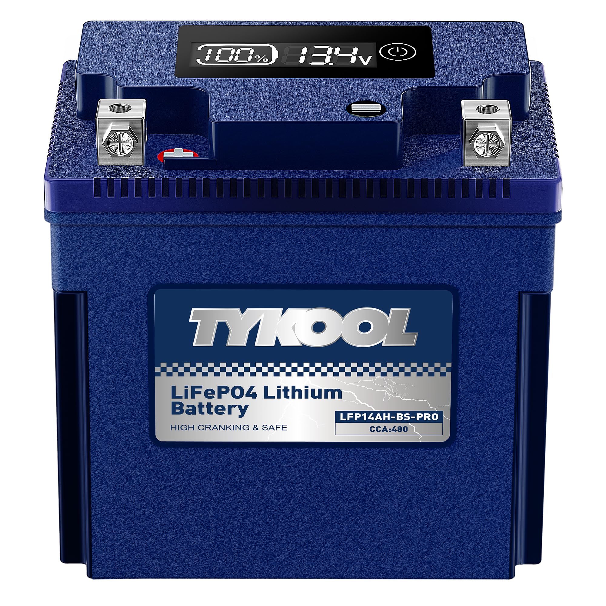 TYKOOL LFP14AH-BS-PRO Lithium Battery, Replaces YTX14AH YTX14AH-BS, 480CCA 8Ah Fits for ATV UTV Motorcycle, Compatible with Polaris Sportsman 570 Ranger 500 Kawasaki Mule SX, Digital Readout [+ -]