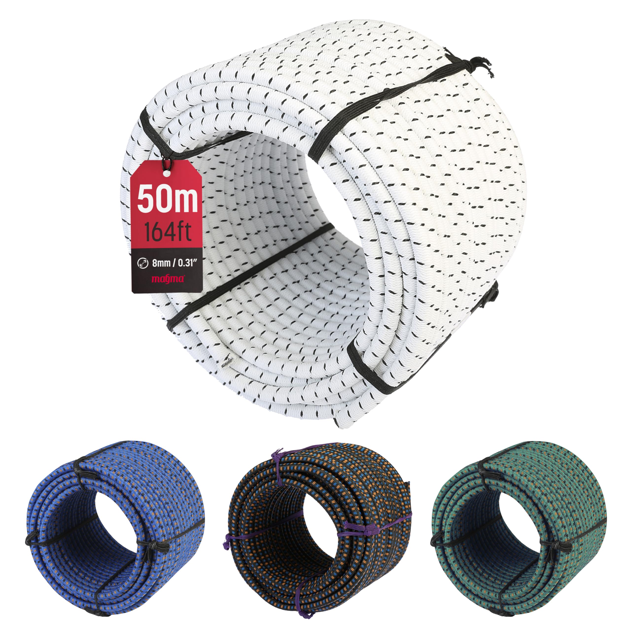 Magma Rotolo di Corda Elastica 25m | Corde Elastiche da 8 mm di Diametro per Pesca, Vela, Campeggio, e Fissaggio Teloni | Extra Forte, Per Interno, Esterno, Giardino e Auto | (Bianco)