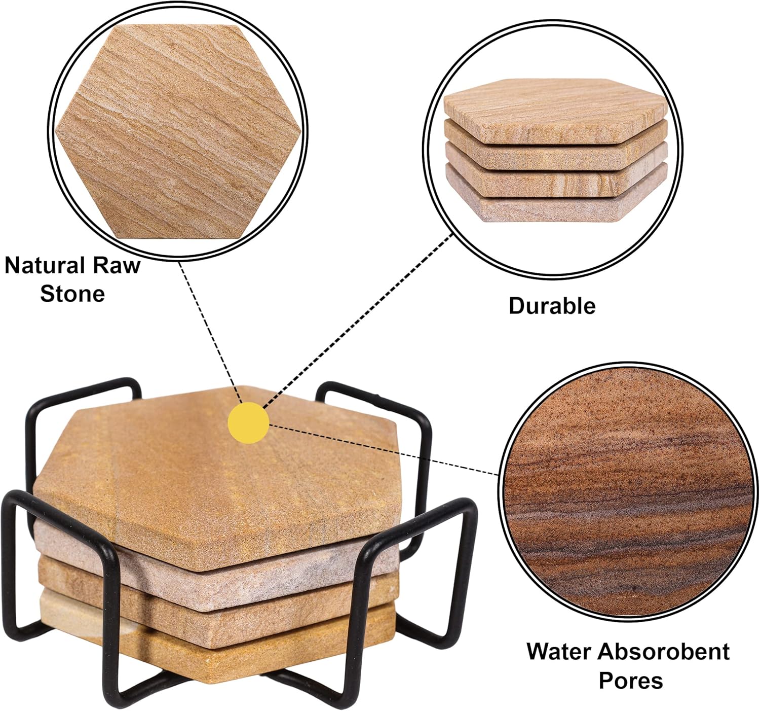 Sandstone Water Absorbent Hand Crafted Hexagon Coasters for Drinks - 4 Inches Wide Thirsty Stone Bar/Drink Coasters- Made from Rainbow Sandstone (Set of 4 Without Holder) - Image 3
