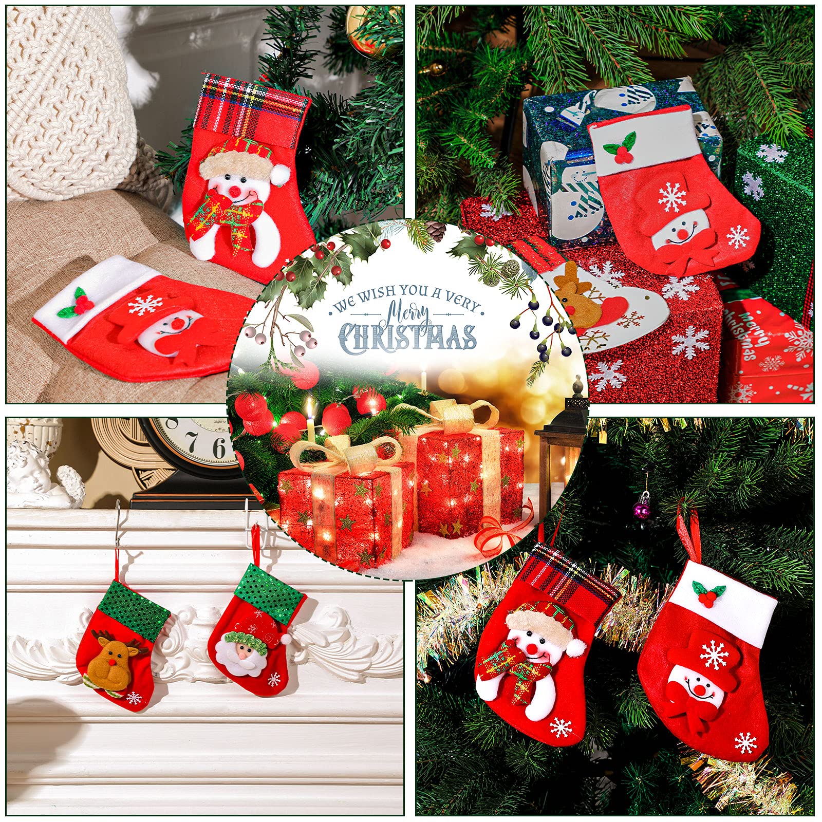 36 Stück Mini Weihnachtsstrümpfe 6,8 Zoll 3D Rentier Santa Weihnachtssocken Kleine Bulk Rot und Grün Candy Strümpfe Sortiert Kamin Hängende Strümpfe mit Seil für Weihnachtsbaum Heimdekoration