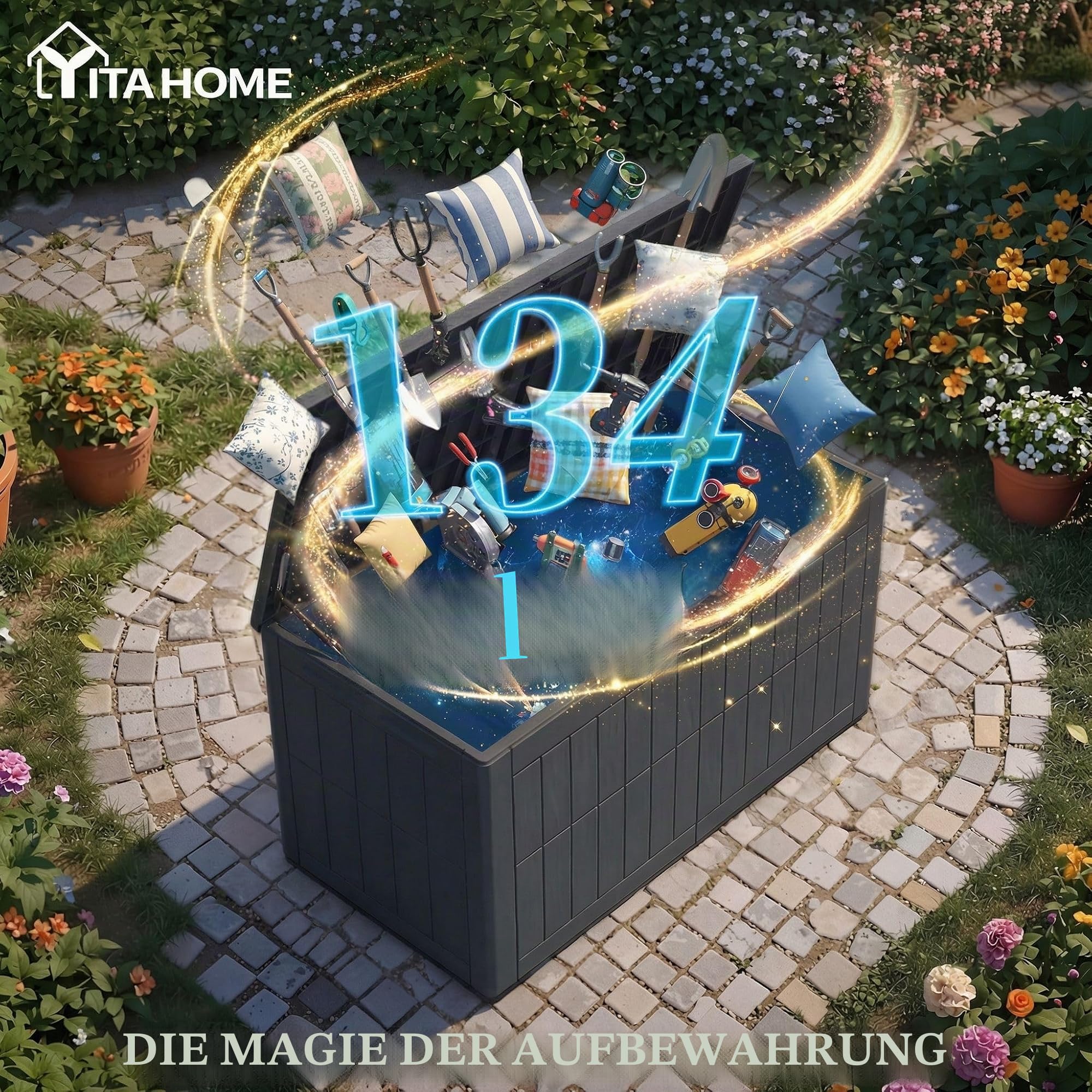 YITAHOME Außenspeicherbox 450L wasserdichte Deckbox für Gartengeräte Terrassenkissen Swimmingpool-Zubehör verschließbar einfach zusammenzubauen vielseitiger Sitzbank oder Tisch,dunkelgrau