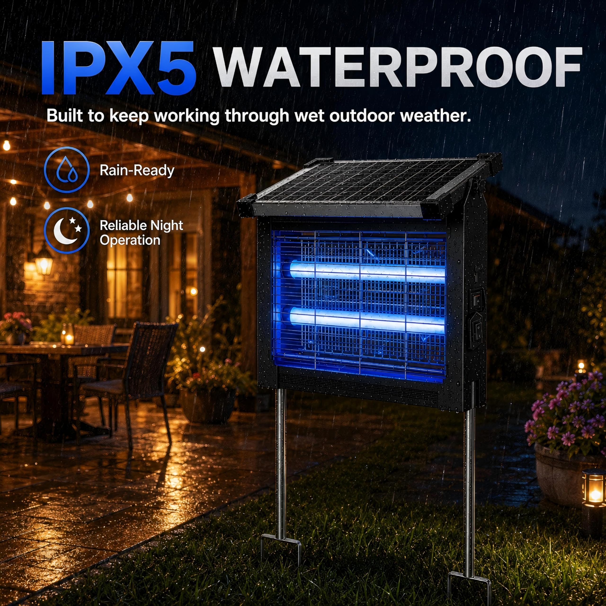 Matamoscas solar para exteriores, 4500 V, matamoscas para exteriores, con panel solar ajustable de 10 W, impermeable, recargable, portátil, trampa eléctrica para moscas para patio, jardín, patio