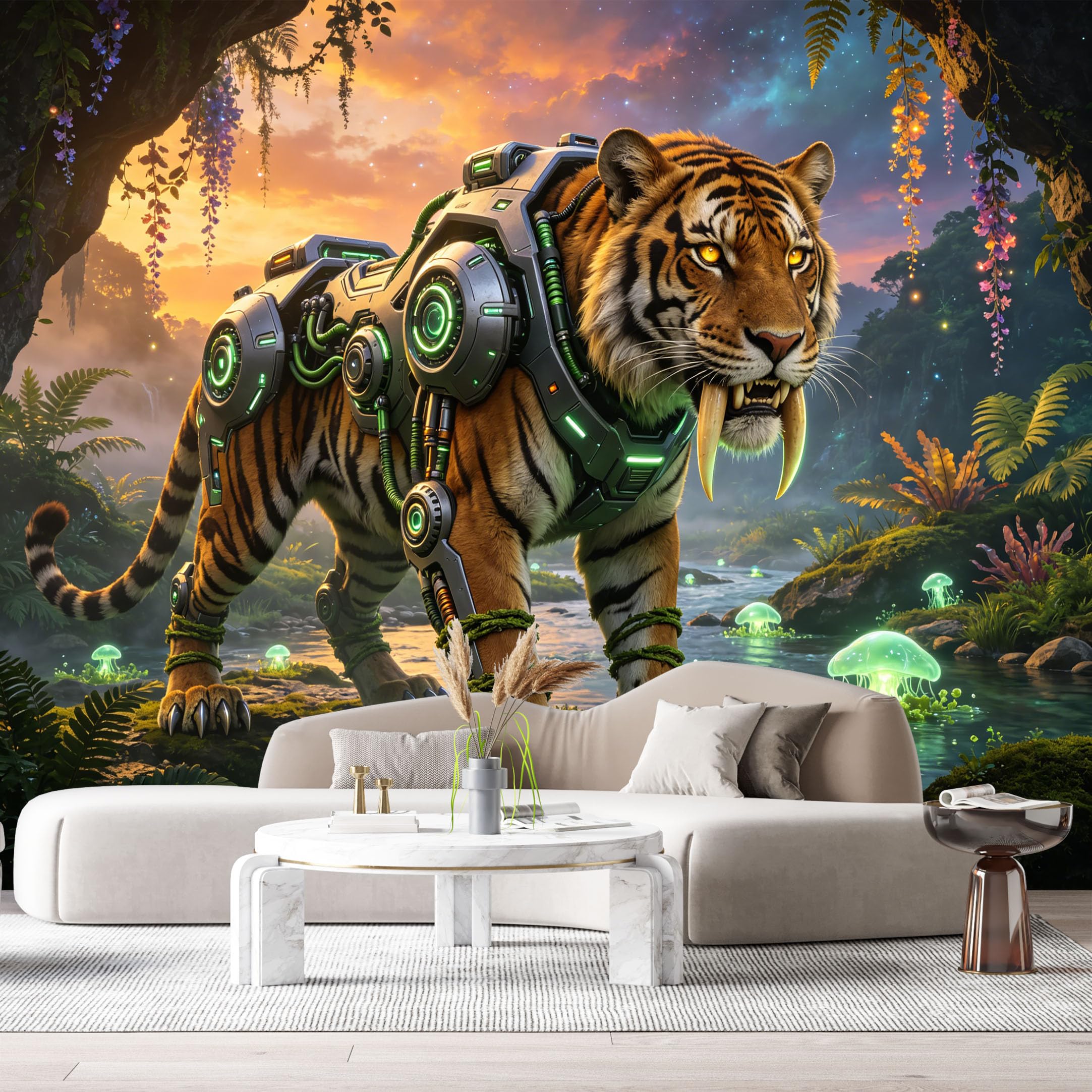Custom Size Wall Mural Cybernetic Saber Tiger Mecha Jungle Futuristic Neon SciFi Beast SelfAdhesive Art Prints Removable Large Wallpaper Esports Room Game Room Tenant Room Studio
