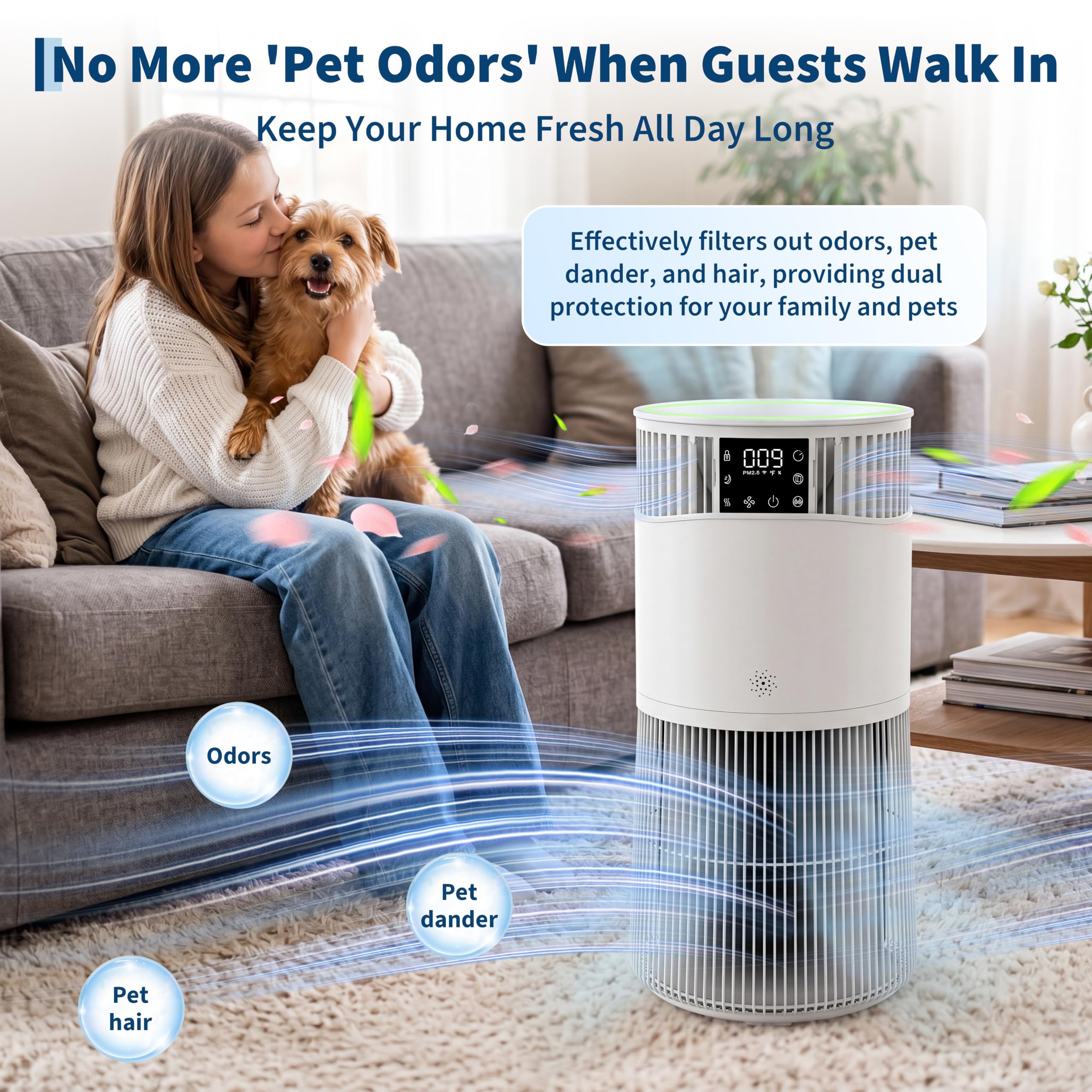 Luftreiniger Mit HEPA + Aktivkohlefilter, CADR 490 M³/h Für Bis Zu 50㎡, Auto Und App, 24 dB Leiser Schlafmodus, PM2,5 Anzeige, Aromatherapie, Timer, Kindersicherung, Für Allergiker & Haustiere