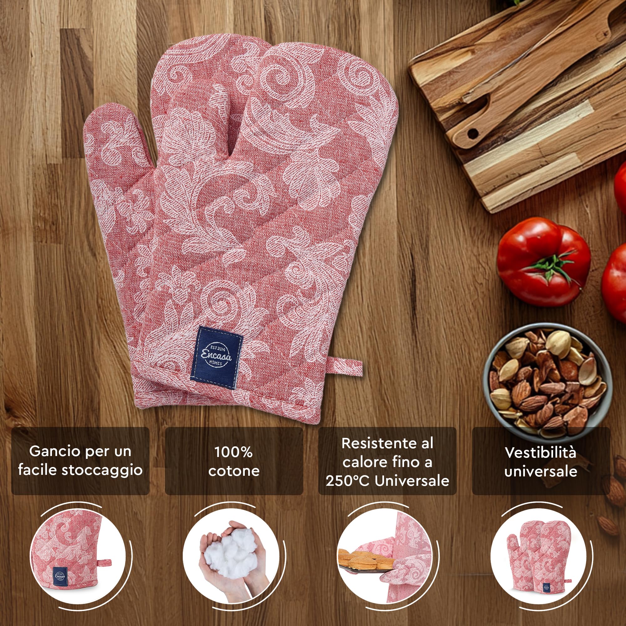 Encasa XO Guanto Da Forno | Gants Per Microonde, Cucina E Uso In Cucina | 18x30 cm | Porta Utensili In Cotone - Tessuto Chambray (Confezione Da 2, Rosso)