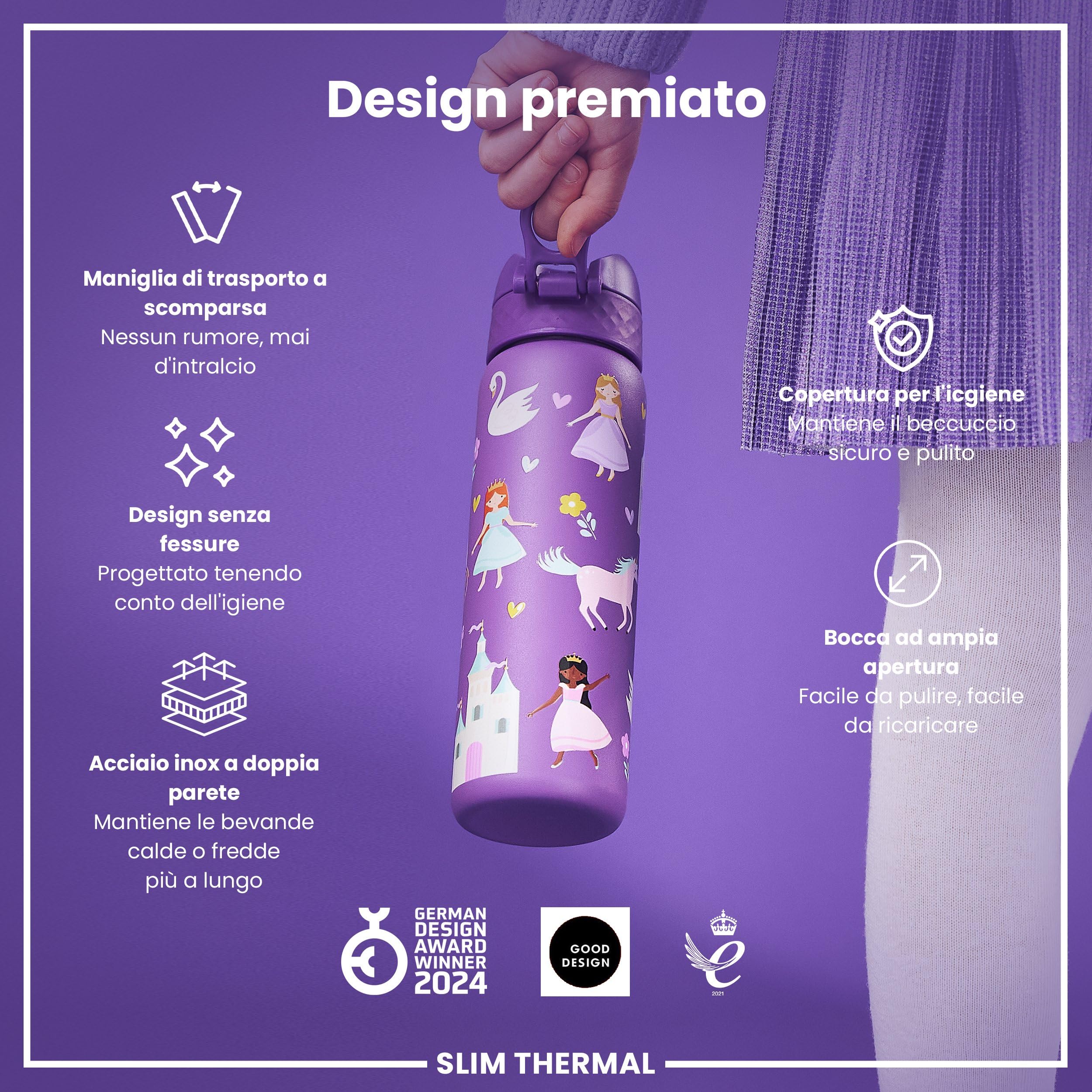 Ion8 Borraccia Termica in Acciaio Isolato, 500ml, a Prova di Perdite, Facile da Aprire, Serratura Sicura, Lavabile in Lavastoviglie, Maniglia per il Trasporto, Facile Pulizia, Durevole, Principessa