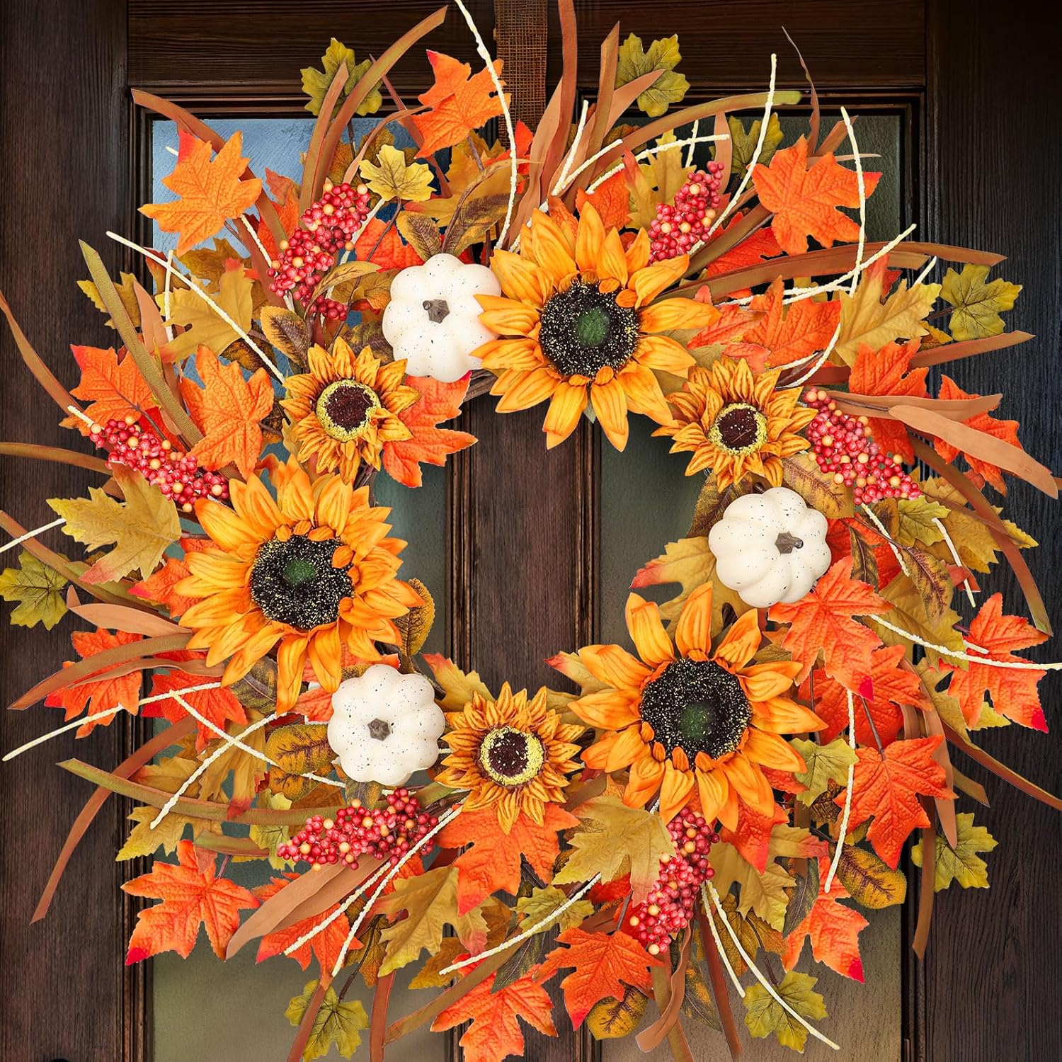 24-26Inch Fall Wreaths for Front Door,Fall Door Wreath with White Pumpkin,Berry and Leaf,Large Autumn Wreath for Front Door Outside Indoors,Halloween Thanksgiving Farmhouse Fall Decor