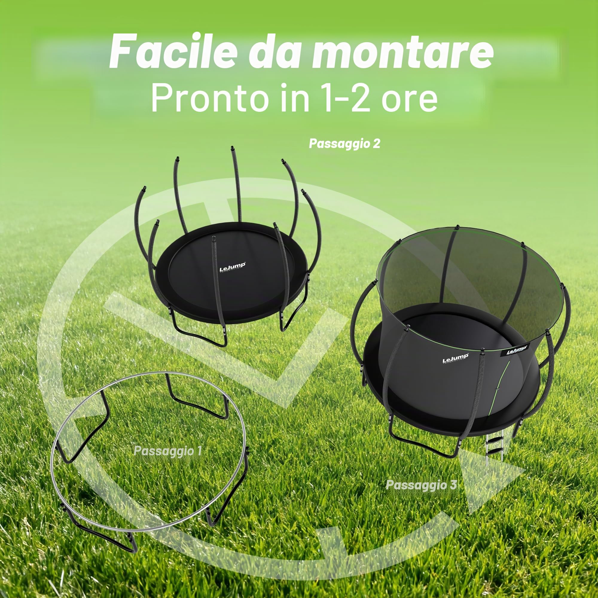 LeJump Trampolino Elastico 235/305/366 cm, Trampolino da Giardino per Bambini Con Rete di Sicurezza Alta e Scala, Trampolini Certificati GS, Capacità Massima 100/150 kg