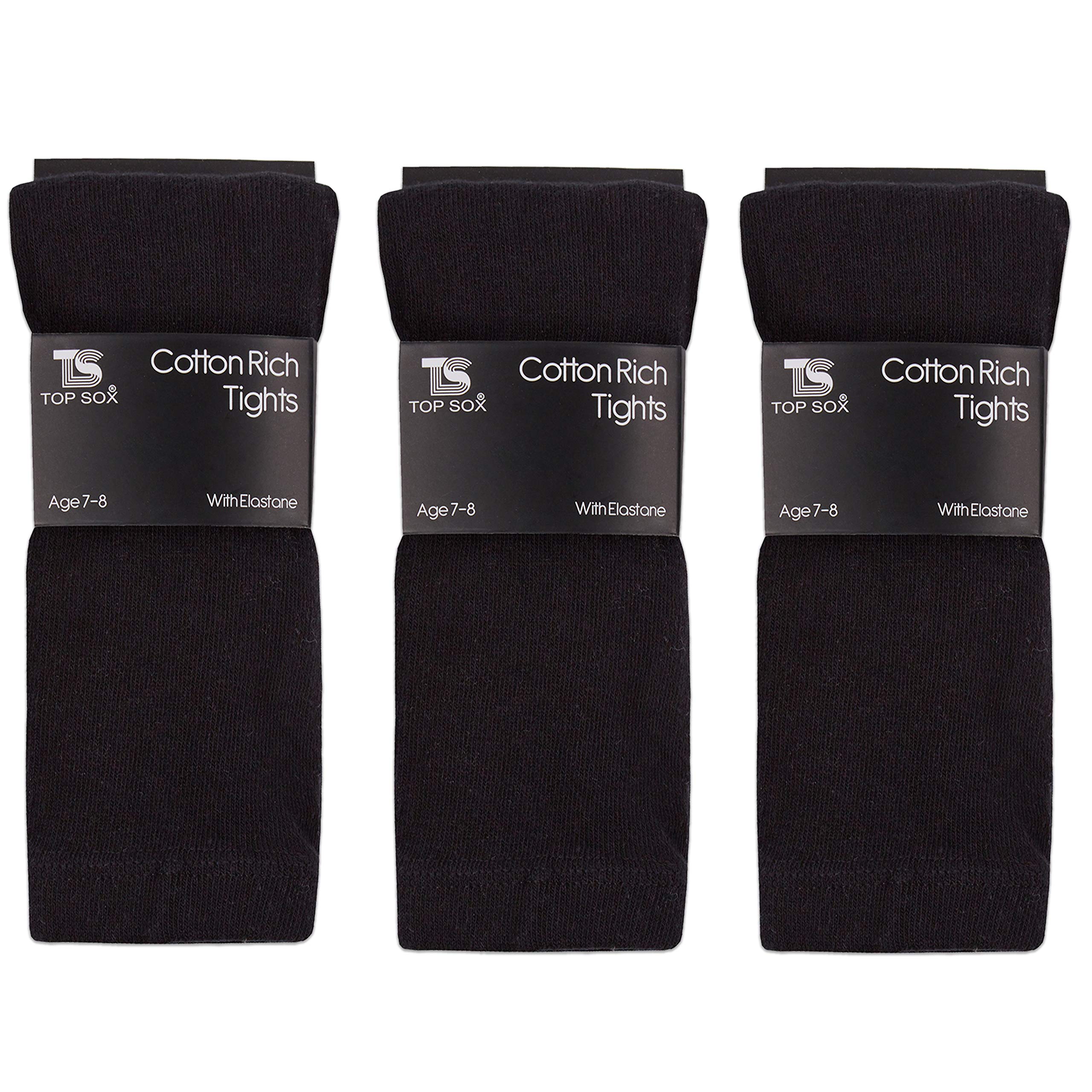 Top Sox Girls Black Childrens 3 Pairs Plain Tights Back To School Everyday Cotton Rich Leggings 5-6
