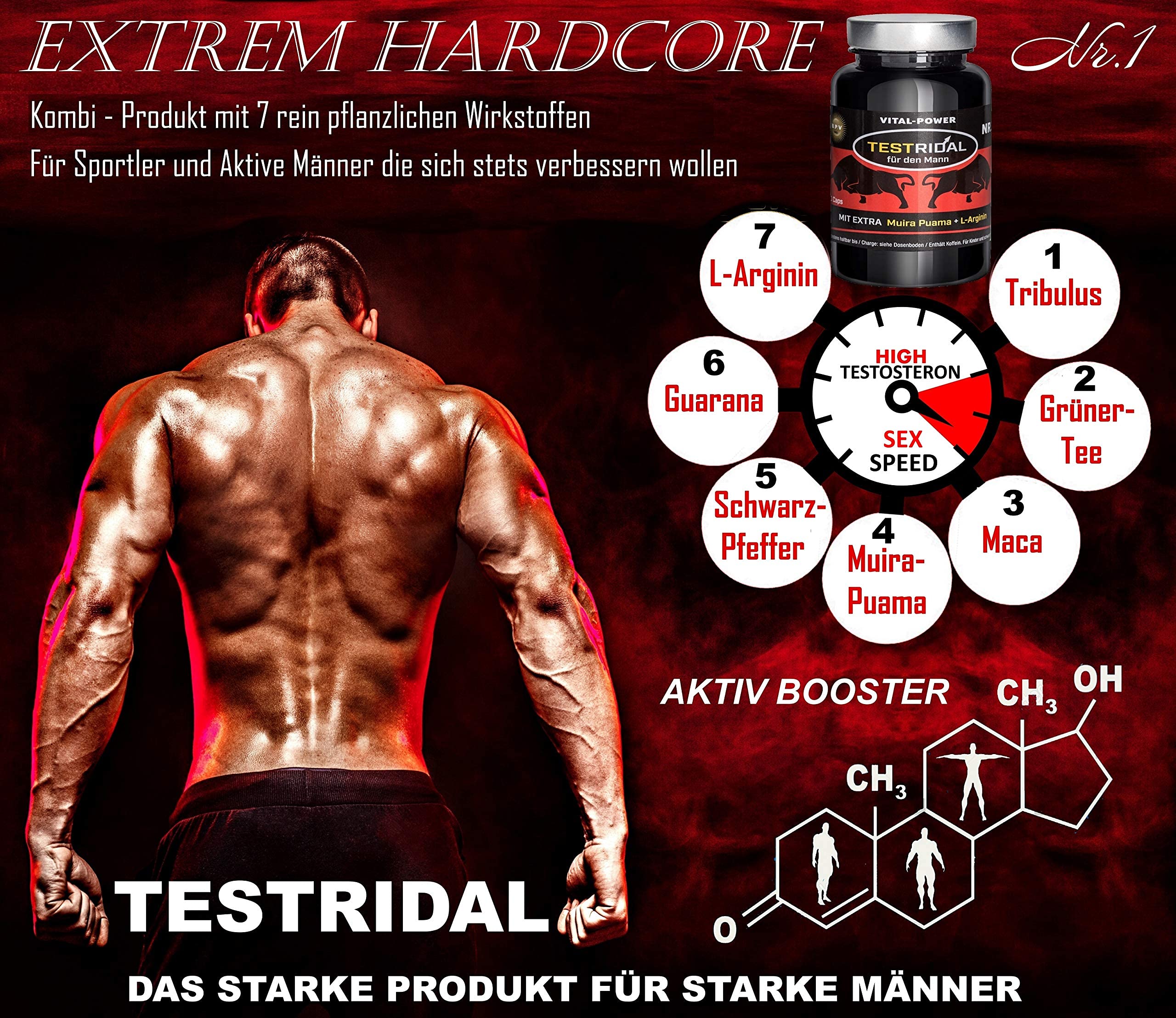 B.P.V - Testridal 120 Kapseln = 96g - Extrem Hardcore Booster für aktive Männer - für Lust - Liebe - Leidenschaft und mehr...