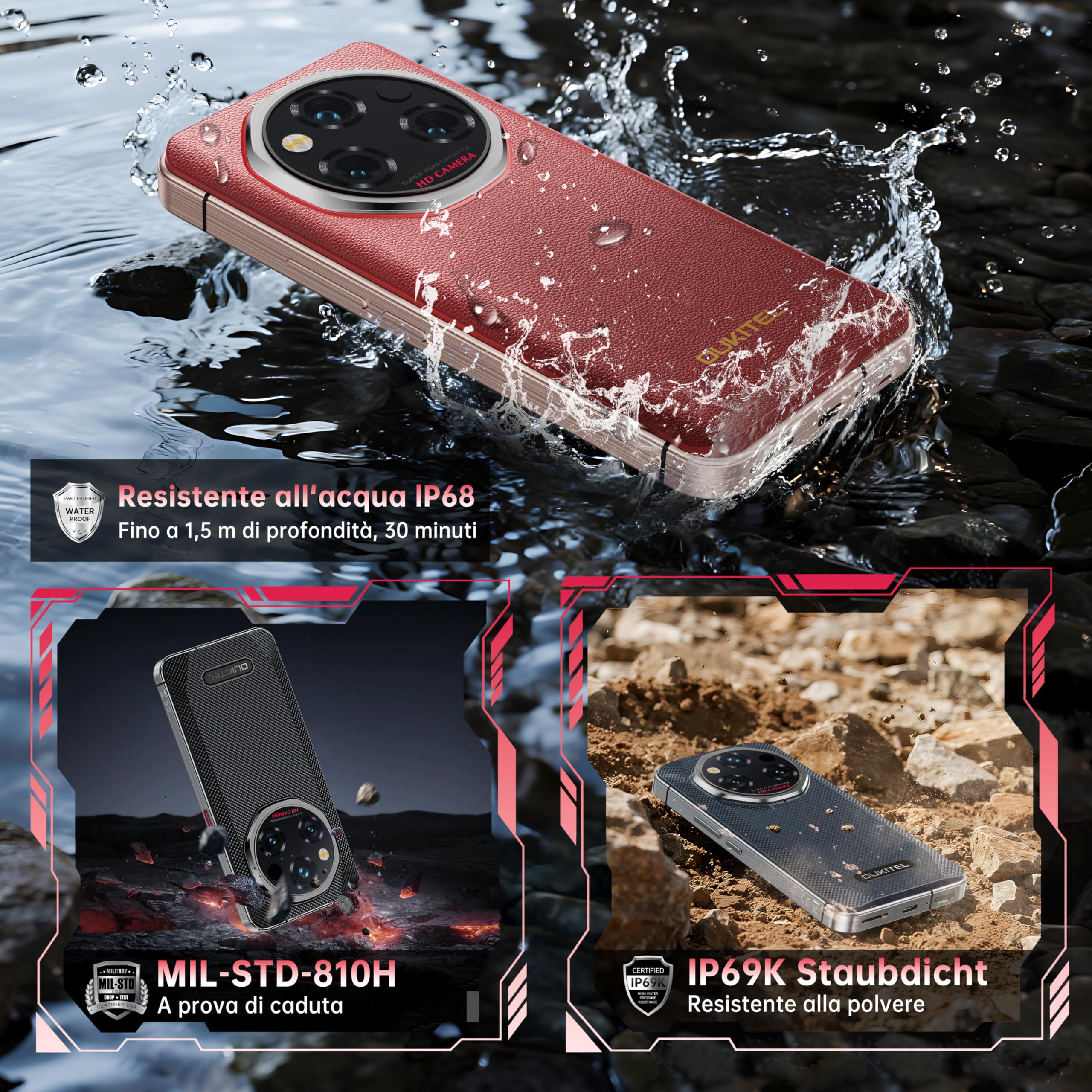 OUKITEL WP210 Rugged Smartphone 5G Andriod 15-6.7" FHD+ AMOLED, 36GB+512GB Telefono Indistruttibile, 108MP+32MP Fotocamera, 8800mAh/45W, 120Hz/ Impronta Digitale/Face ID/Dual SIM/NFC/GPS - Rosso