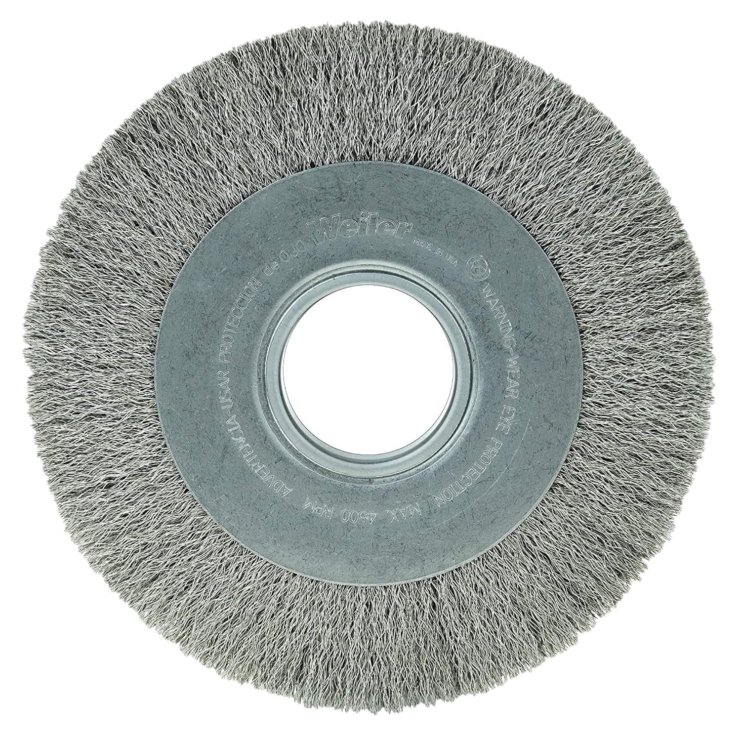 Weiler 804-06490 Medium Face Crimped Wire Wheel, 8" Diameter x 1" Width, 2", 0.0118" Stainless Steel, 4500 rpm