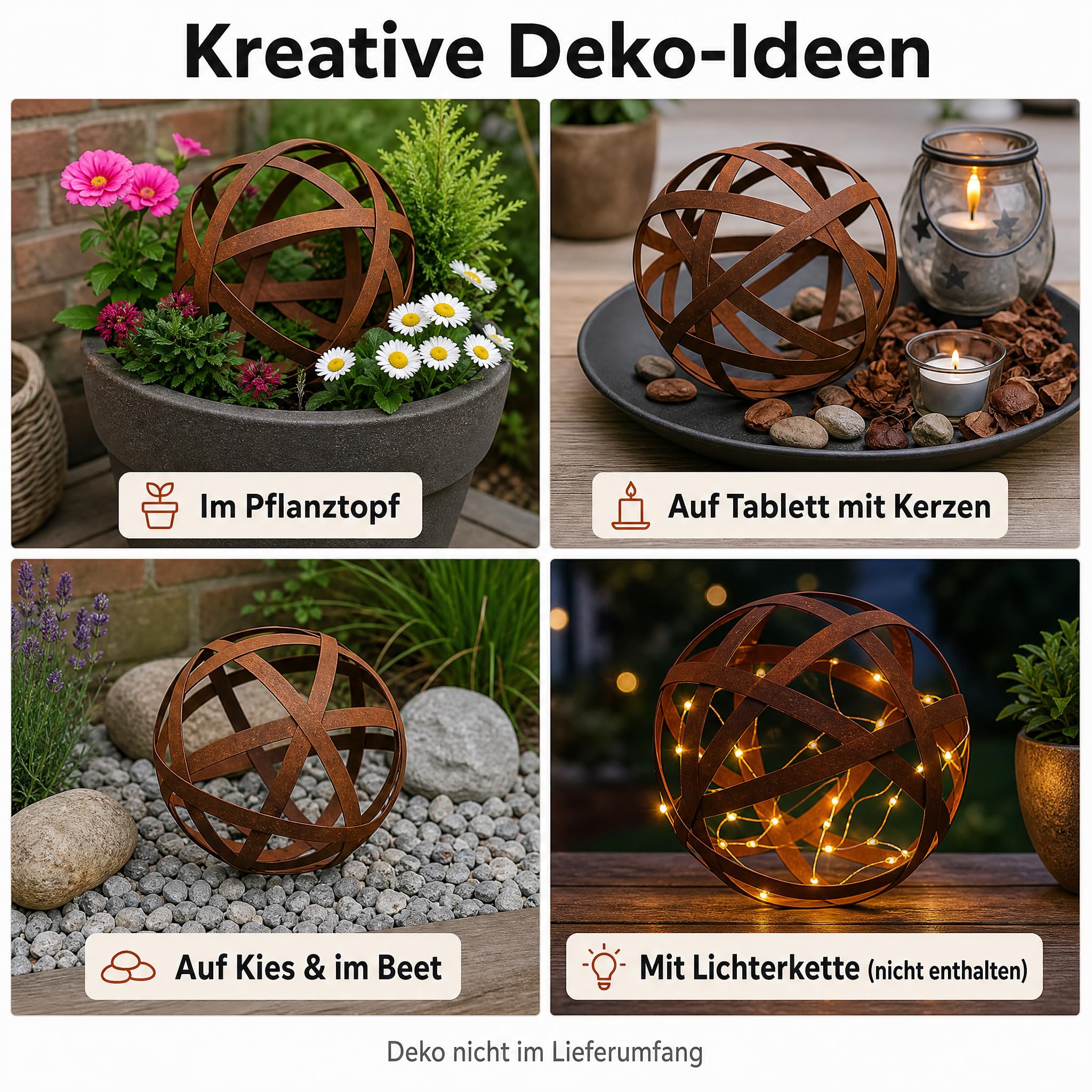 Gartendeko für draußen wetterfest – Rostdeko Kugel aus Metall in Edelrostoptik, offenes Streifen-Design, Ø 30 cm, Gartenkugel für Garten, Terrasse & Balkon