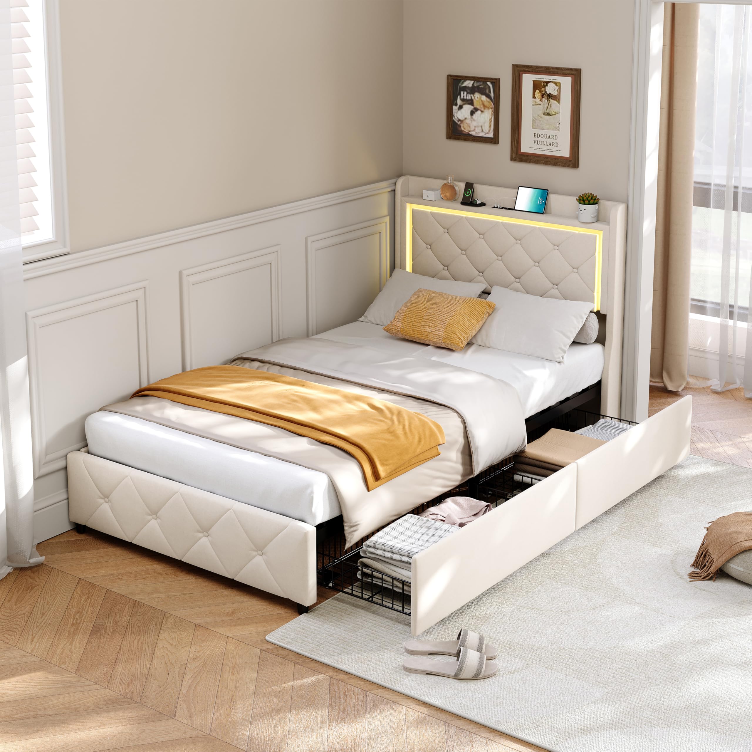 Letto imbottito 90 x 200 cm, letto imbottito con 2 cassetti,Letto LED con funzione di ricarica USB, schienale con spazio di archiviazione letto singolo con rete a doghe, letti per adolescenti (beige