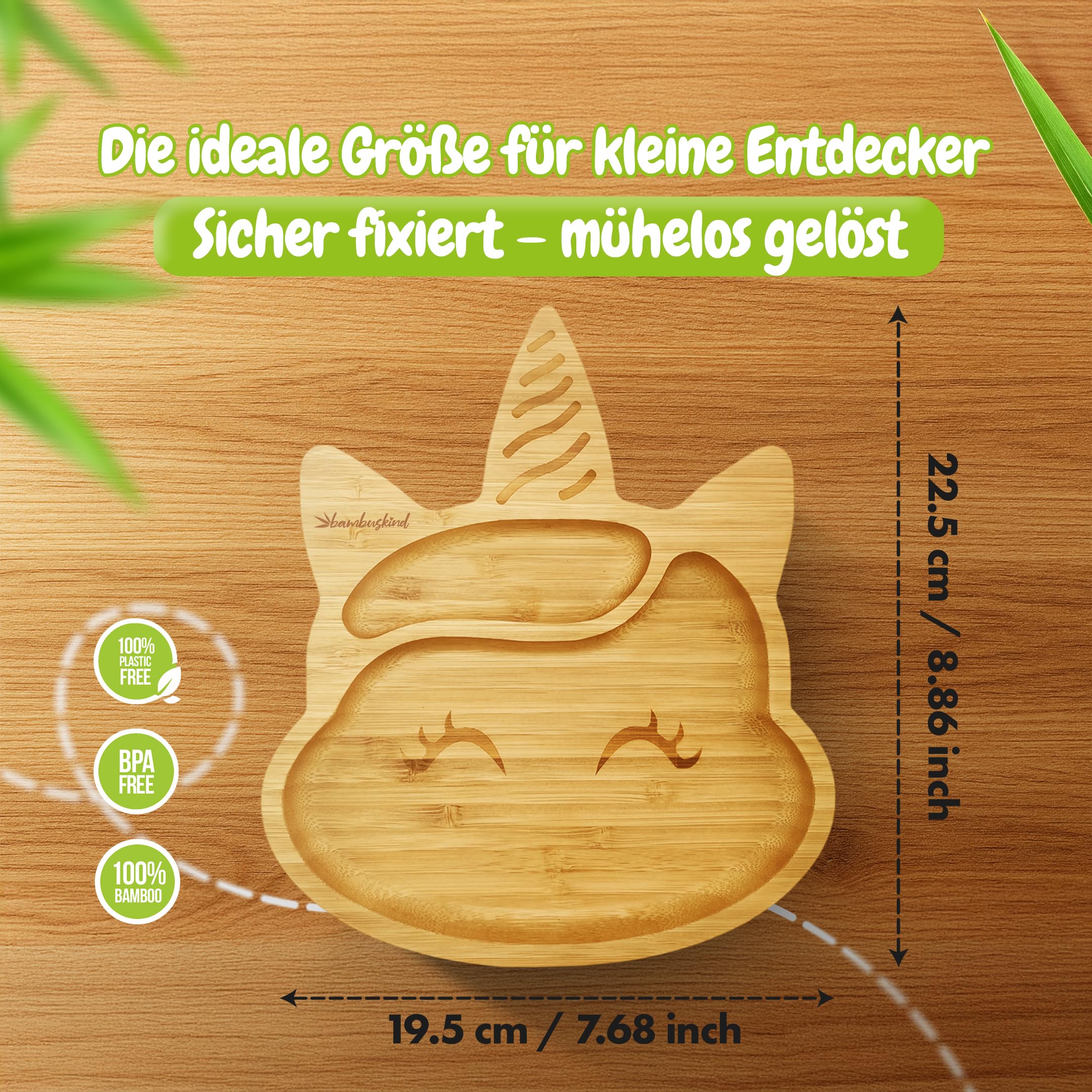 Kinderteller mit Saugnapf – Unicorn Design | Rutschfester Babyteller aus Bambus | Geteilter Teller für Baby & Kleinkind | Frei von BPA, Melamin & Plastik