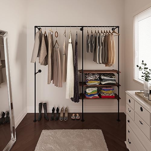 Miniatura 3 de Perchero industrial de tubería con estantes, estante de ropa industrial para colgar ropa, estante de almacenamiento de armario montado en la pared