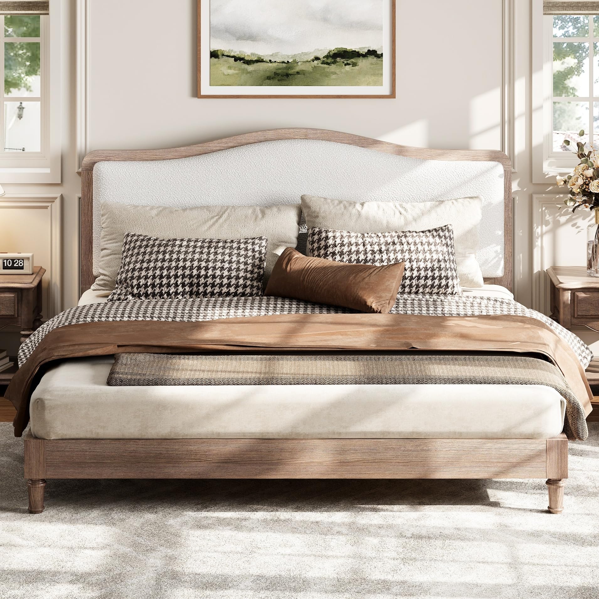 Photo 1 of Merax Queen Size Platform Bed Frame with Upholstered Headboard, Wood Slat Support, No Box Spring Required, Modern Bedroom Furniture, Easy Assembly Grey&White