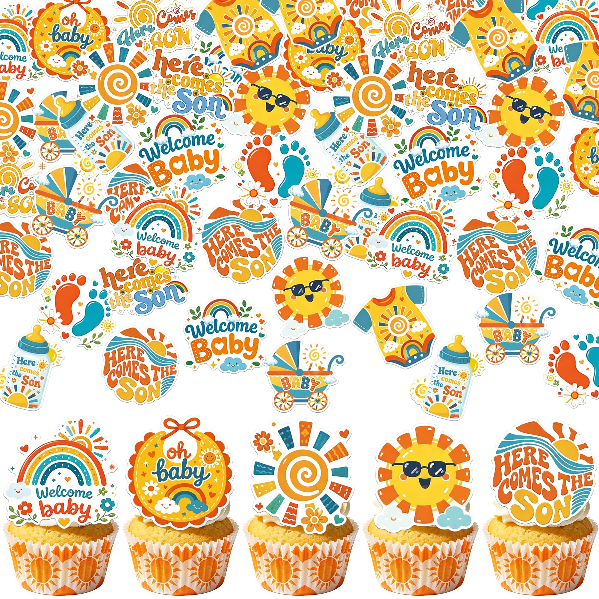 Xsstarmi 63 Pack Baby Shower Edible Ccake Toppers Rice Paper Here Comes The Son Welcome Baby Cupcake Picks for Newborns Birthday Party Cake Decorations Supplies