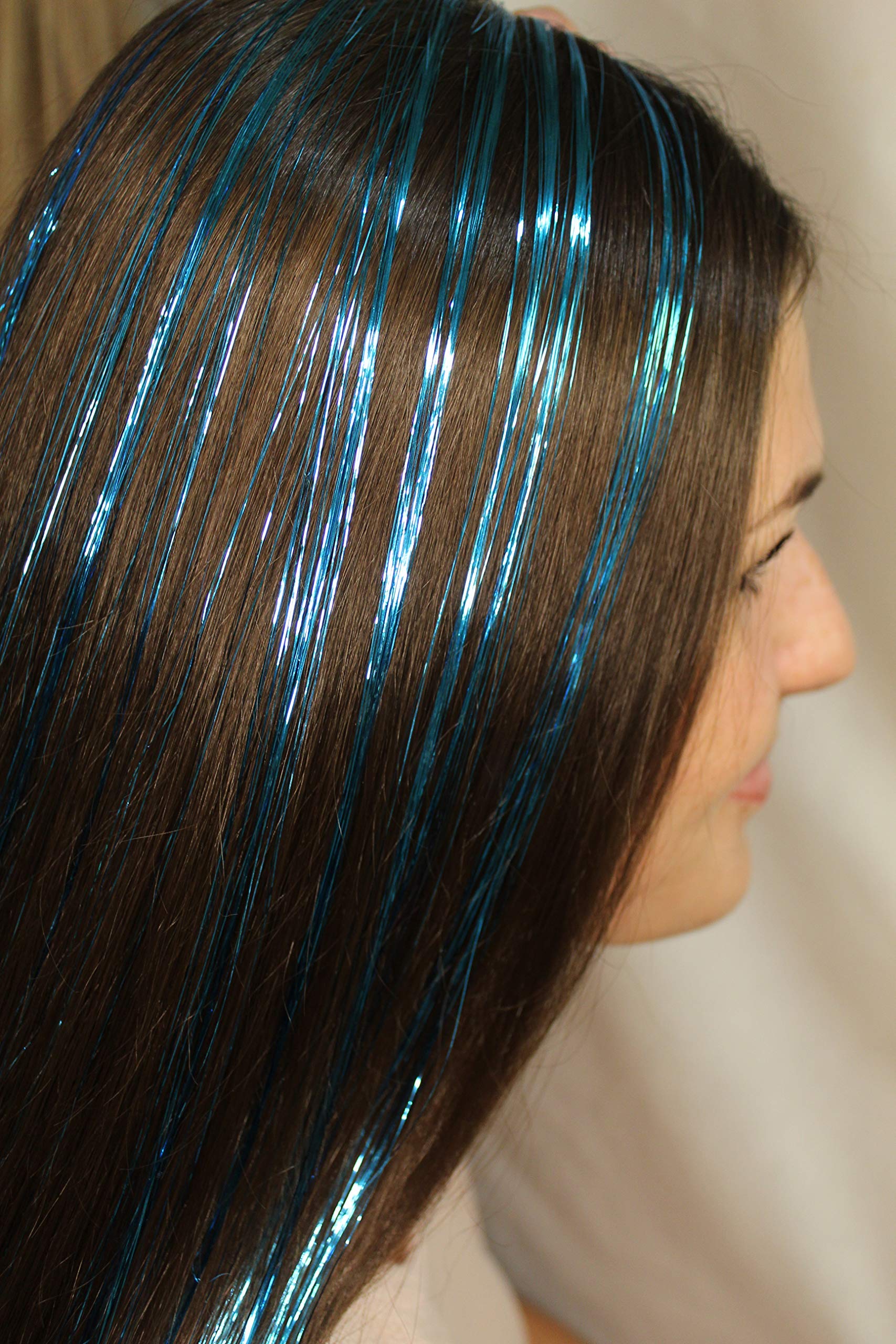 Quick-Stick Tape Weft Hair Tinsel Extensions – Quick Stick 200 shiny bling strands on 10 inches of salon hair extension tape for up to 22-inch hair lengths! Attach, remove, replace! (Aqua)