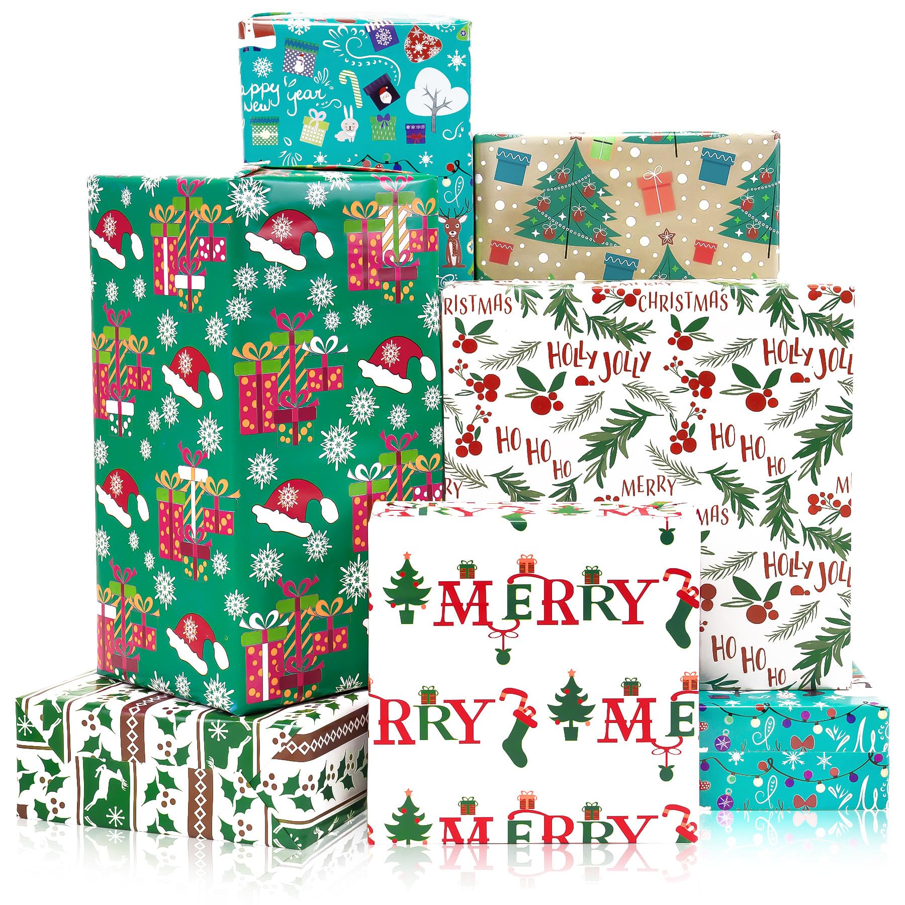 RanccoChristmas Wrapping Paper Sheets for Holiday,6 Designs Gift Wrap w/Christmas Hats, Santa Claus, Christmas Tree, Snowmen, Reindeer, Merry Christmas Ornament for Adults Kids, Folded, 27.5x19.7in