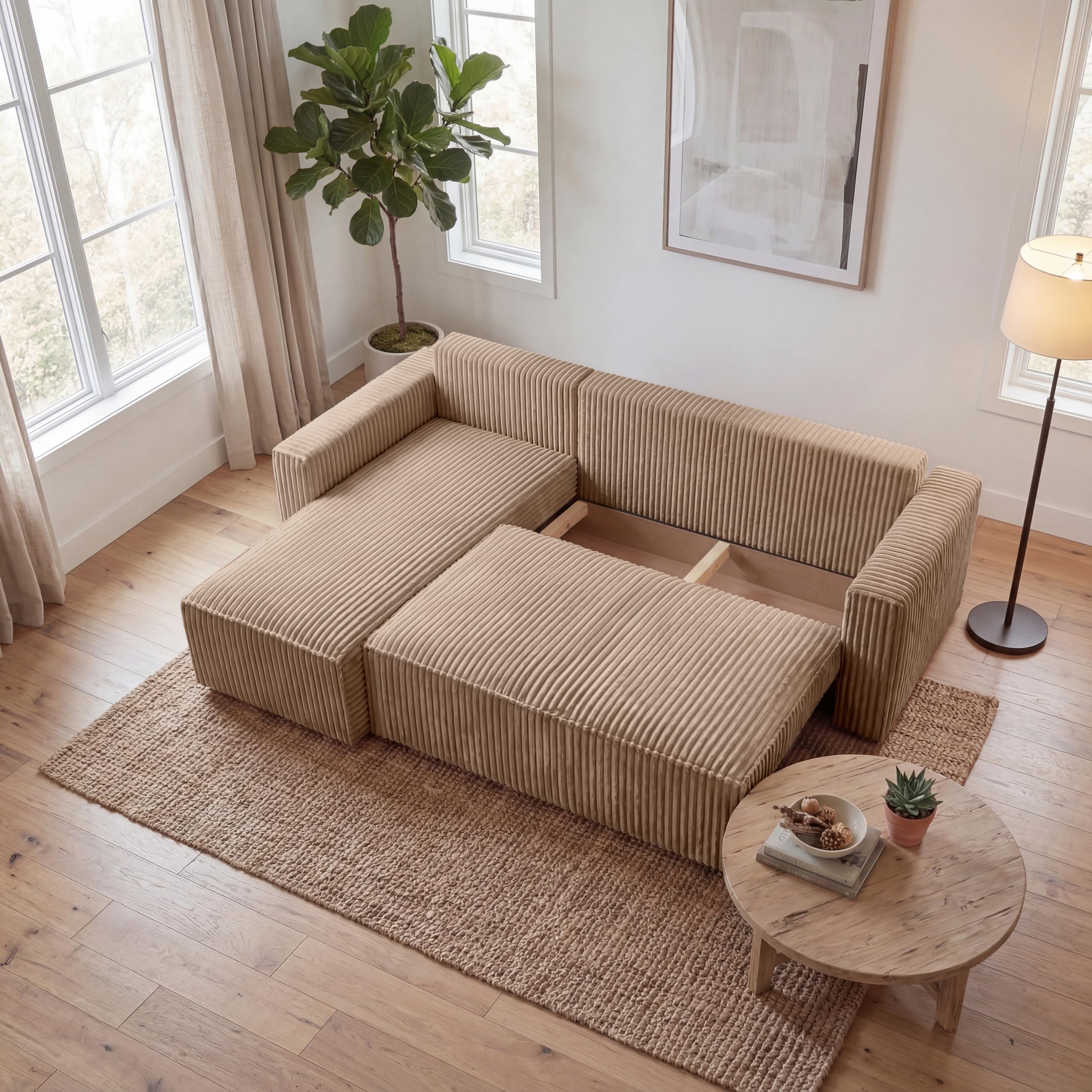 BROMARKT Sofa mit Schlaffunktion L Form Ecksofa mit Bettkasten Hellbraun | Couch Eckcouch Schlafcouch Schlafsofa Sofabett Eckschlafsofa 235x133x85 cm 3 Sitzer Wohnlandschaft Cordstoff PILO