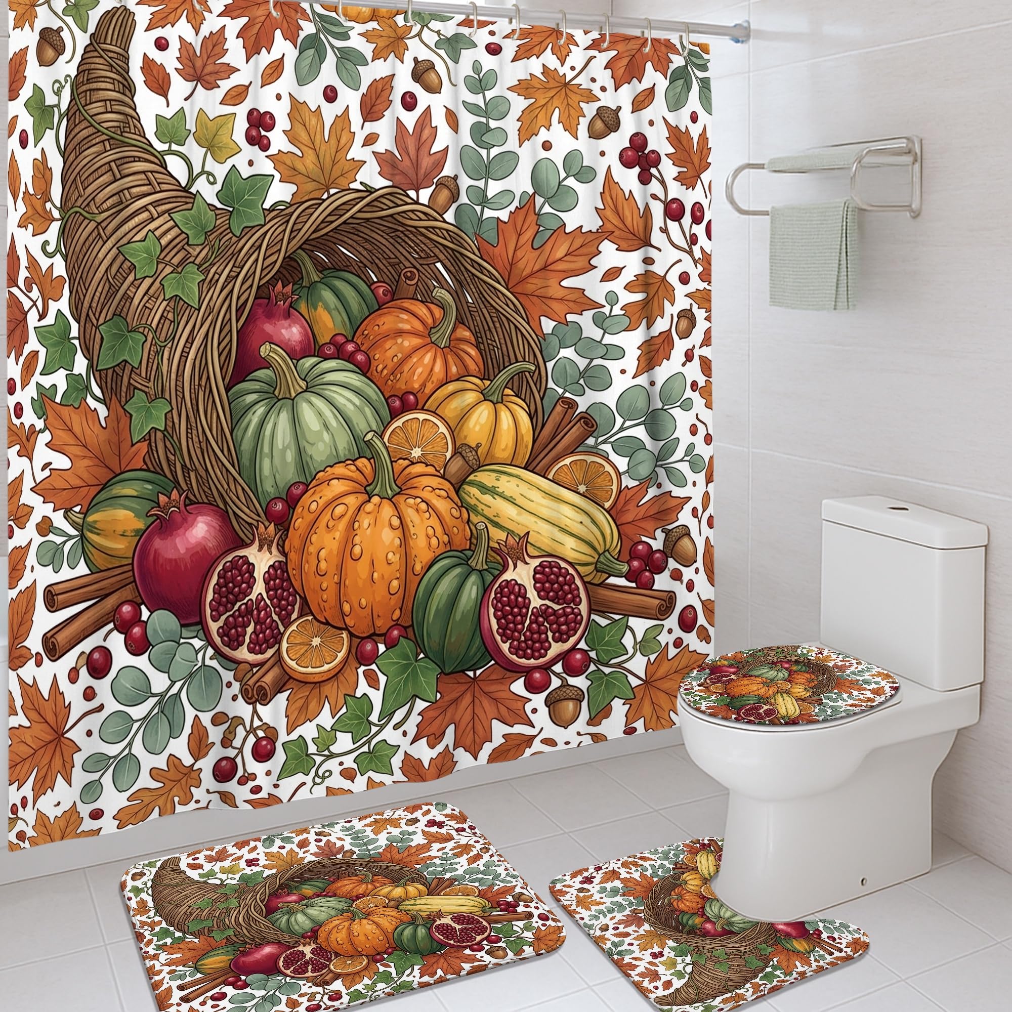 Rideau de douche imperméable orange 183x183 avec tapis de baignoire