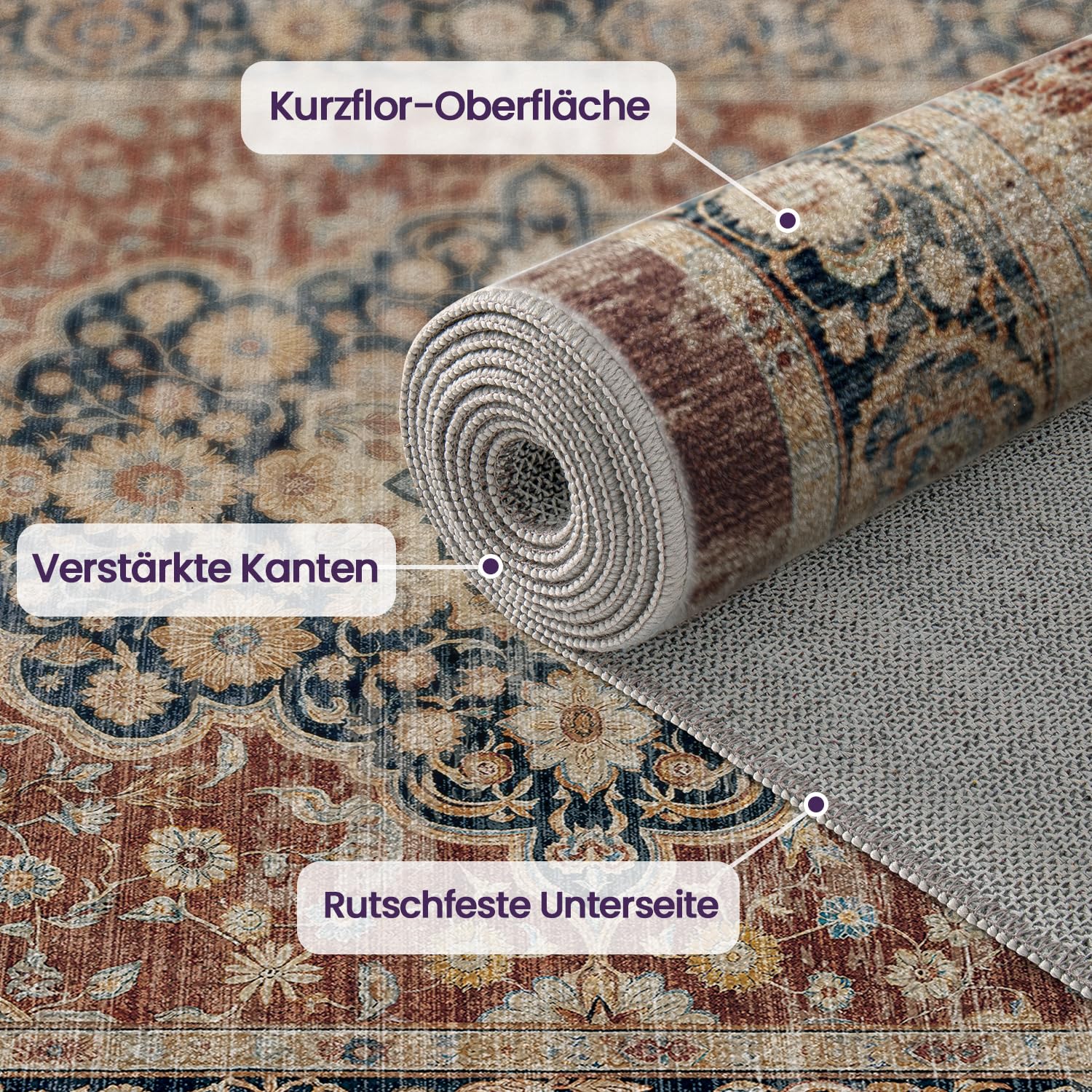 DEXI Läufer Flur Teppich 80 x 300 cm, Küchenläufer Lange waschbar rutschfest, Schmutz & Wasser Aufnehmen Dünne Vintage Teppichläufer für Hauseingänge, Küche, Waschküche, Rostrot