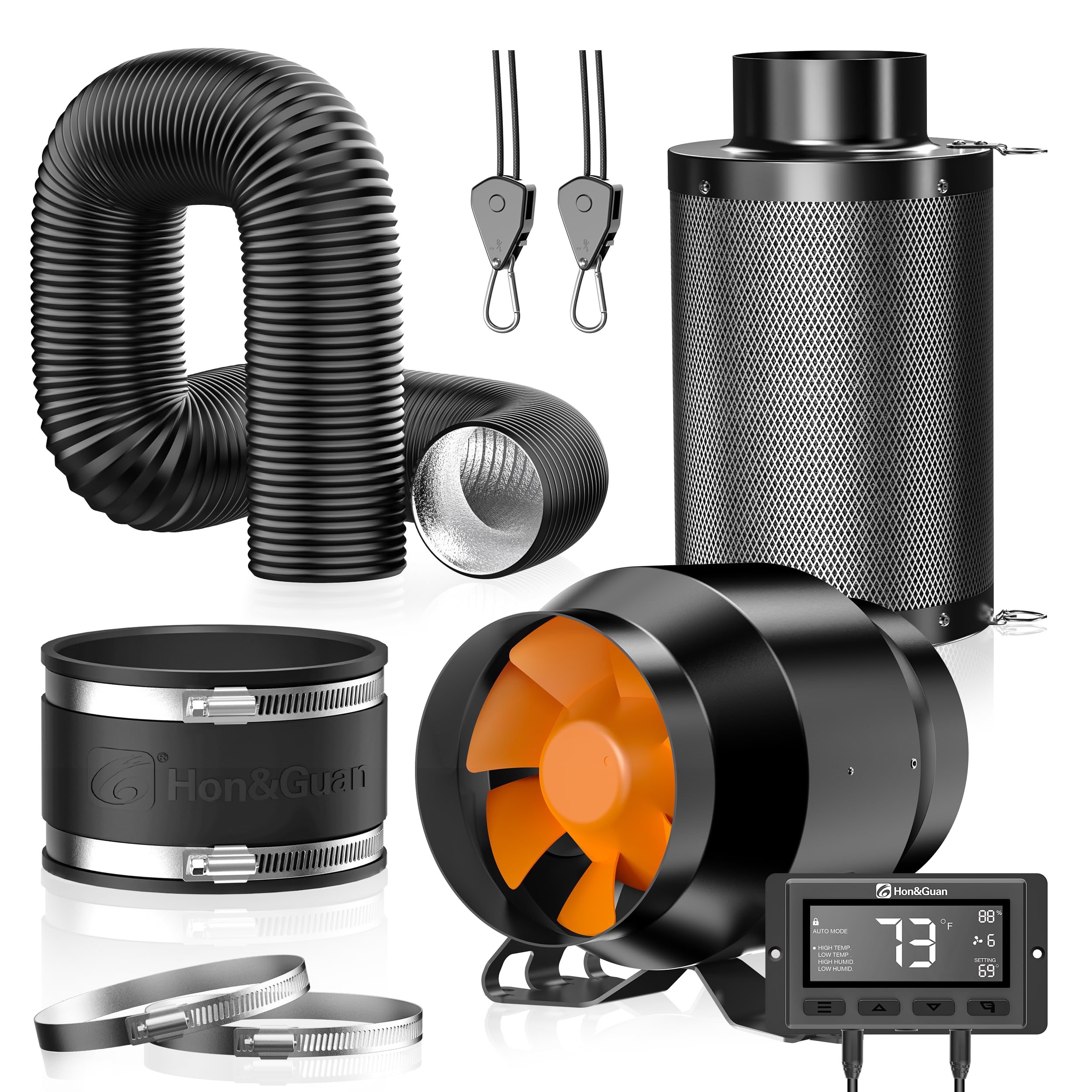 Hon&Guan Abluftset 100mm, Rohrventilator 100mm mit Temperatur- und Feuchtigkeitsregler, Aktivkohlefilter Grow, Gummikupplung, Rohr Schlauchschellen Set für Growzelt Hydroponik Lüftung Growbox