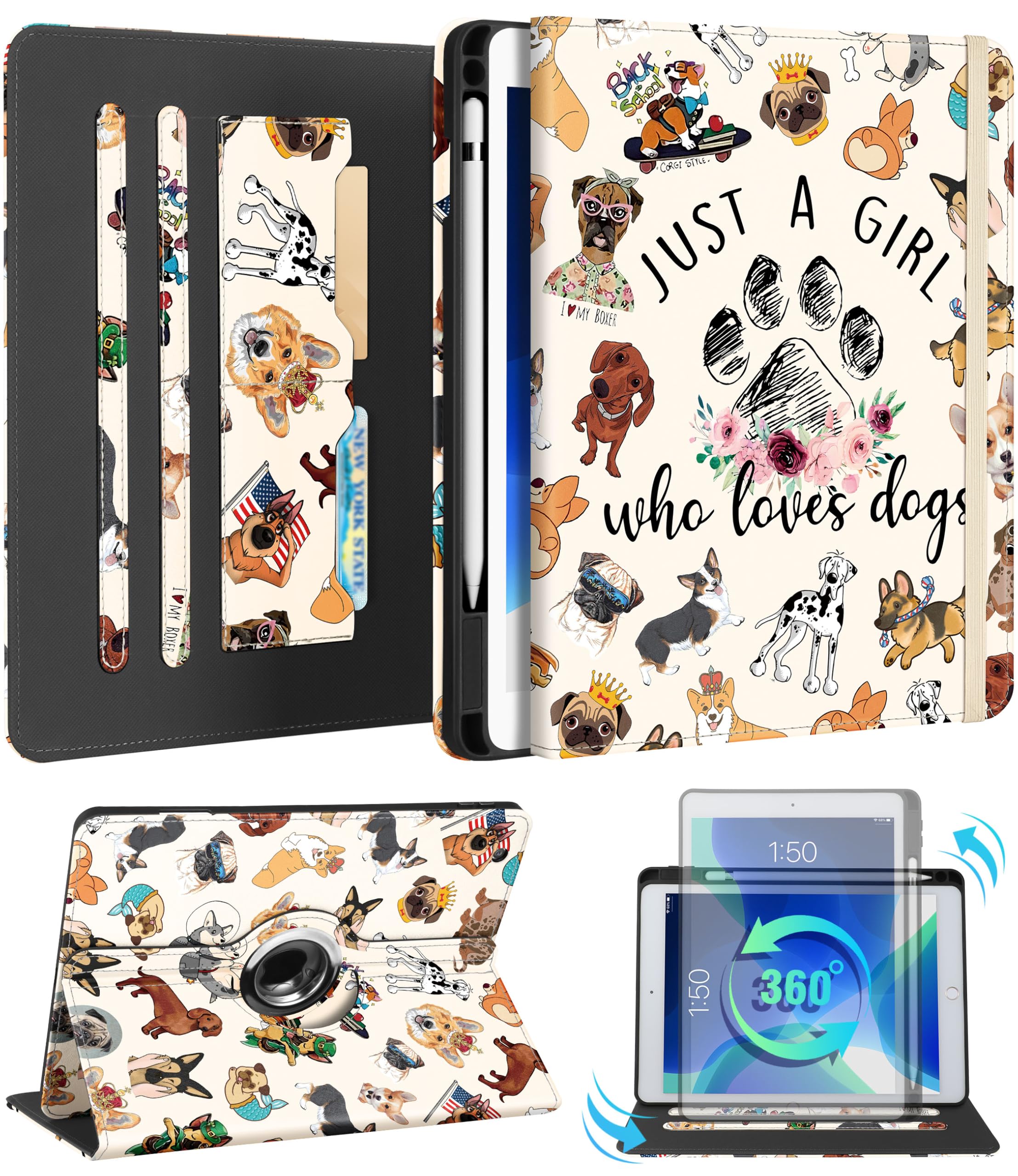Kidcube for iPad 9th/8th/7th Generation Case 10.2 Inch - for Women Girls Kids Cute Rotating Stand Folio Cover with Pencil Holder & Card Slot Kawaii Cartoon Dogs Design for iPad 9th/8th/7th Gen Cases