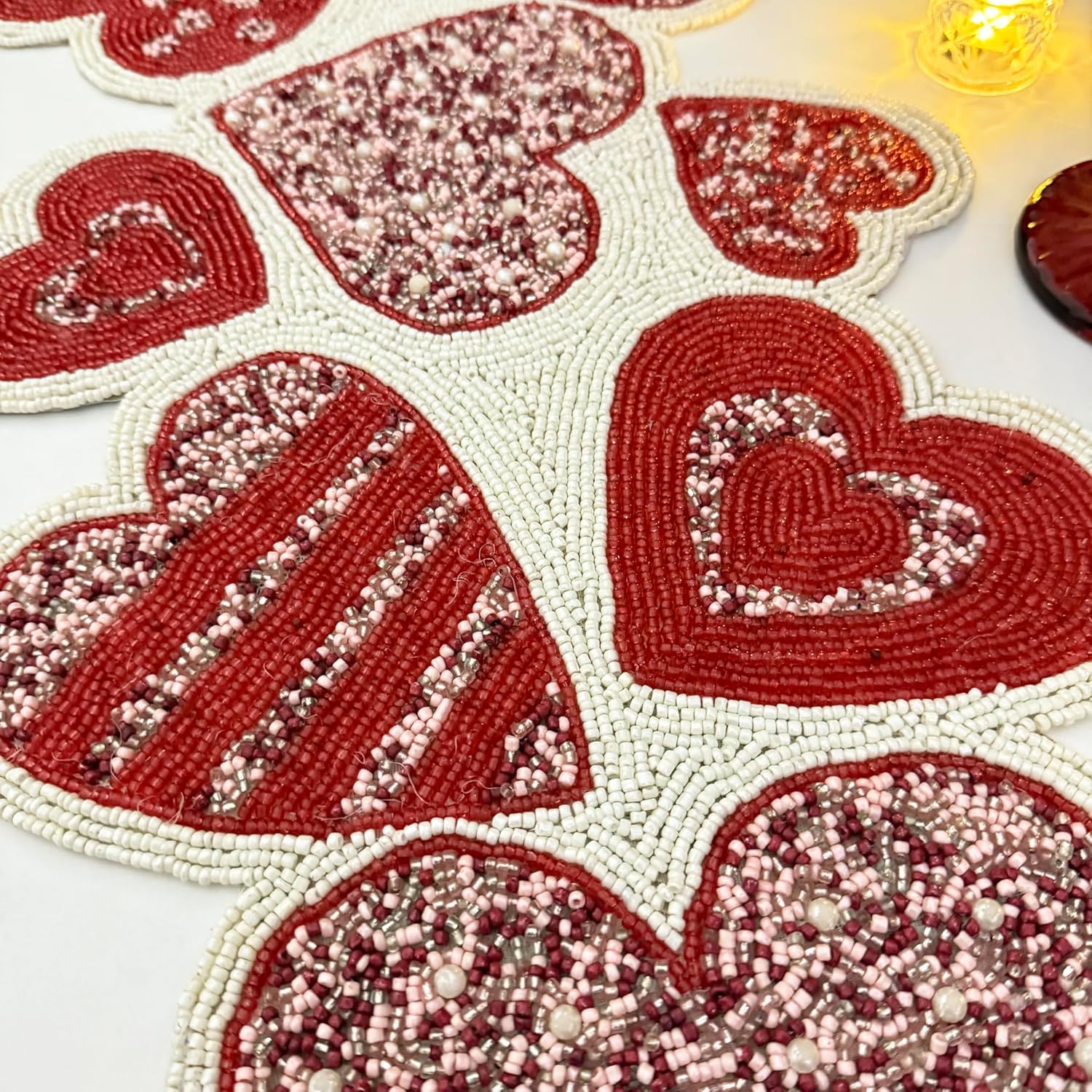 Enliven Handmade Valentine's Day Table Runner, Luxury Beaded Runner, Red and White Hearts, 13X36Inch