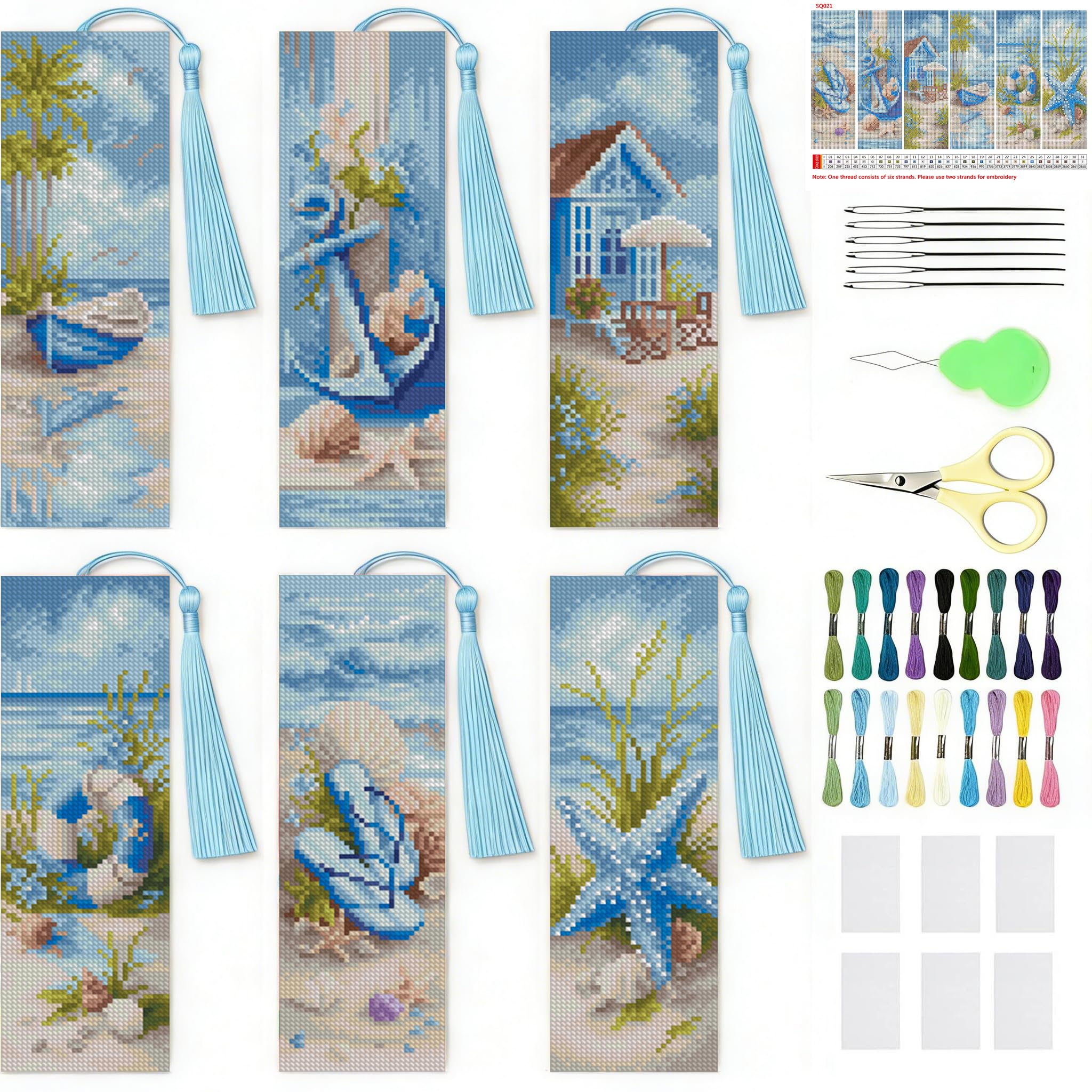 Jakener Cross-Stitch Bookmark-8 6 Pcs Beach Cross Stitch Bookmark Kit For Adult Beginners,Flowers Cross Stitch Kits 14 Ct Diy Crossstitch Kits Adult Stamped Bookmark Embroidery Bookmarks Kit