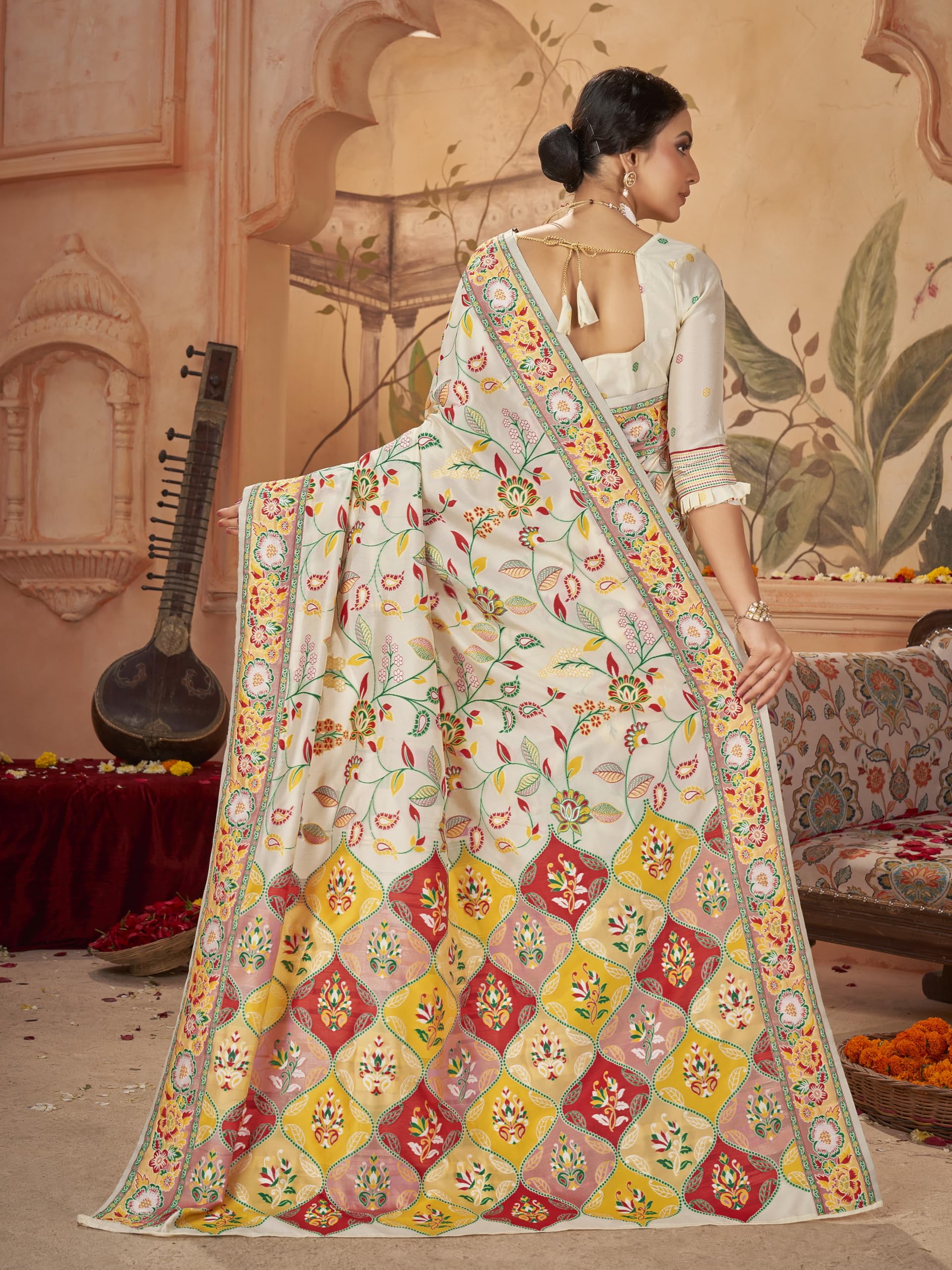 Glory Sarees Women's Kashmiri Pashmina Silk Woven Saree With Blouse Piece (Heritage_Silk112_White)