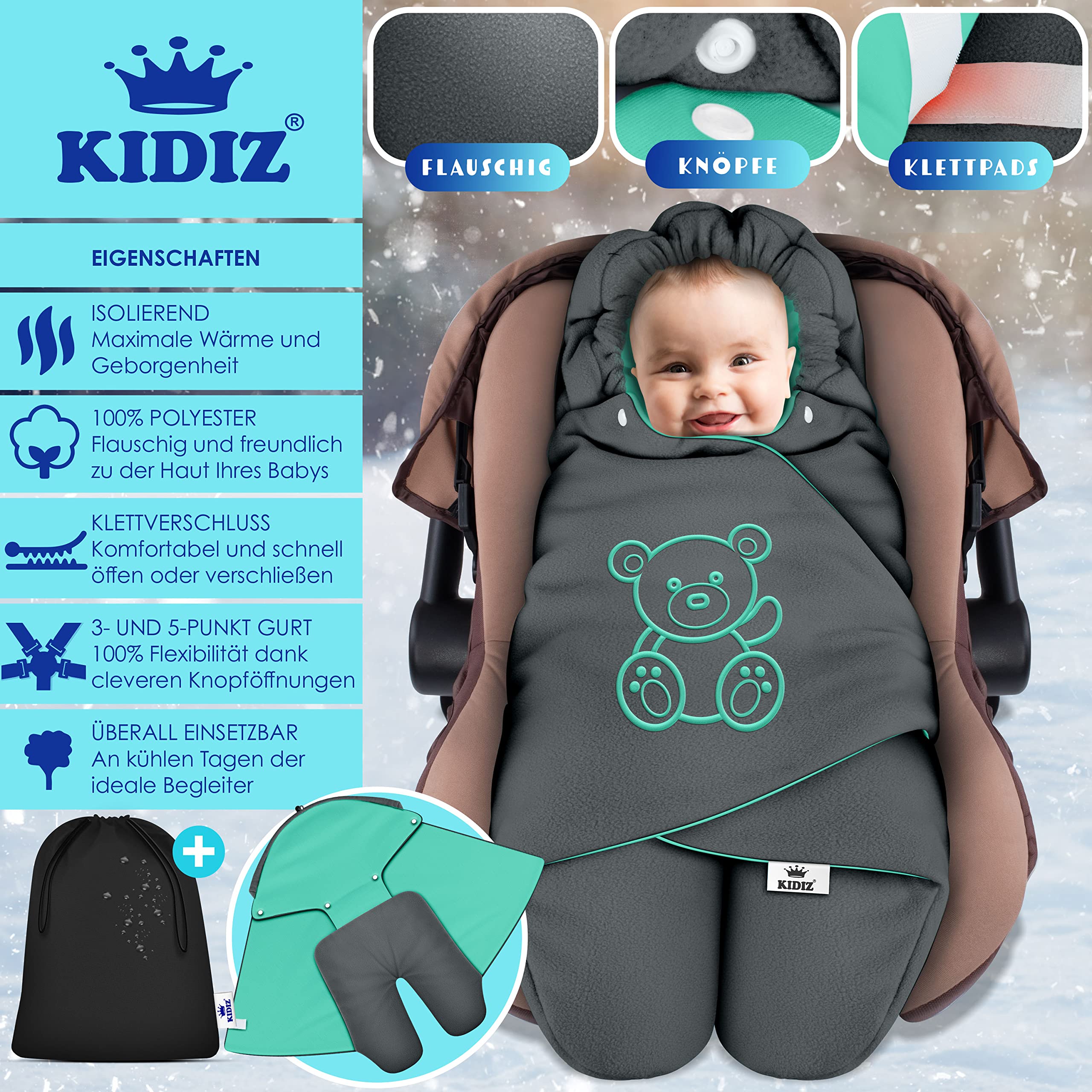 Kidiz® Baby Einschlagdecke Babyschale Winter Herbst Babydecke mit Tasche Universal Fußsack kompatibel mit Maxi-Cosi, Römer, Buggy, Kinderwagen & Autositz isolierend gegen Wind, Nässe & Kälte
