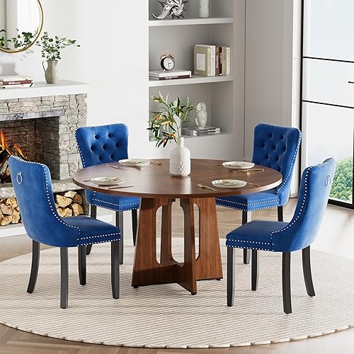 Miniatura 33 de Juego de mesa de comedor redonda de 47 pulgadas para 4, mesa de cocina de mármol sintético blanco circular con 4 sillas de comedor tapizadas de Mesa