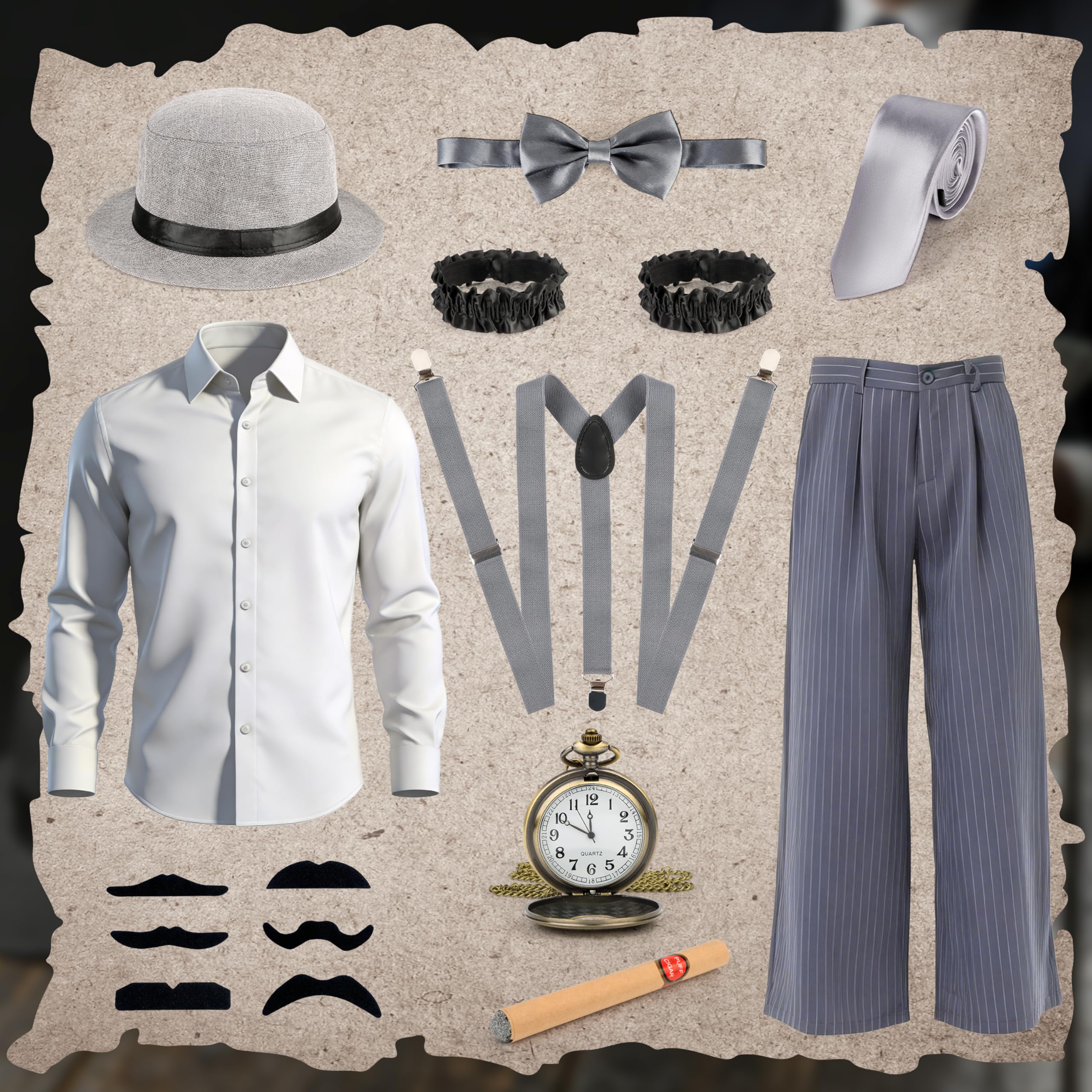 Charmofun Vestiti Anni 20 Uomo, Costume Gangster Uomo Anni ’20 con Camicia, Pantaloni, Bretelle e Cappello, Set di Accessori Mafia Vintage per Carnevale e Feste a Tema (Grigio, L)