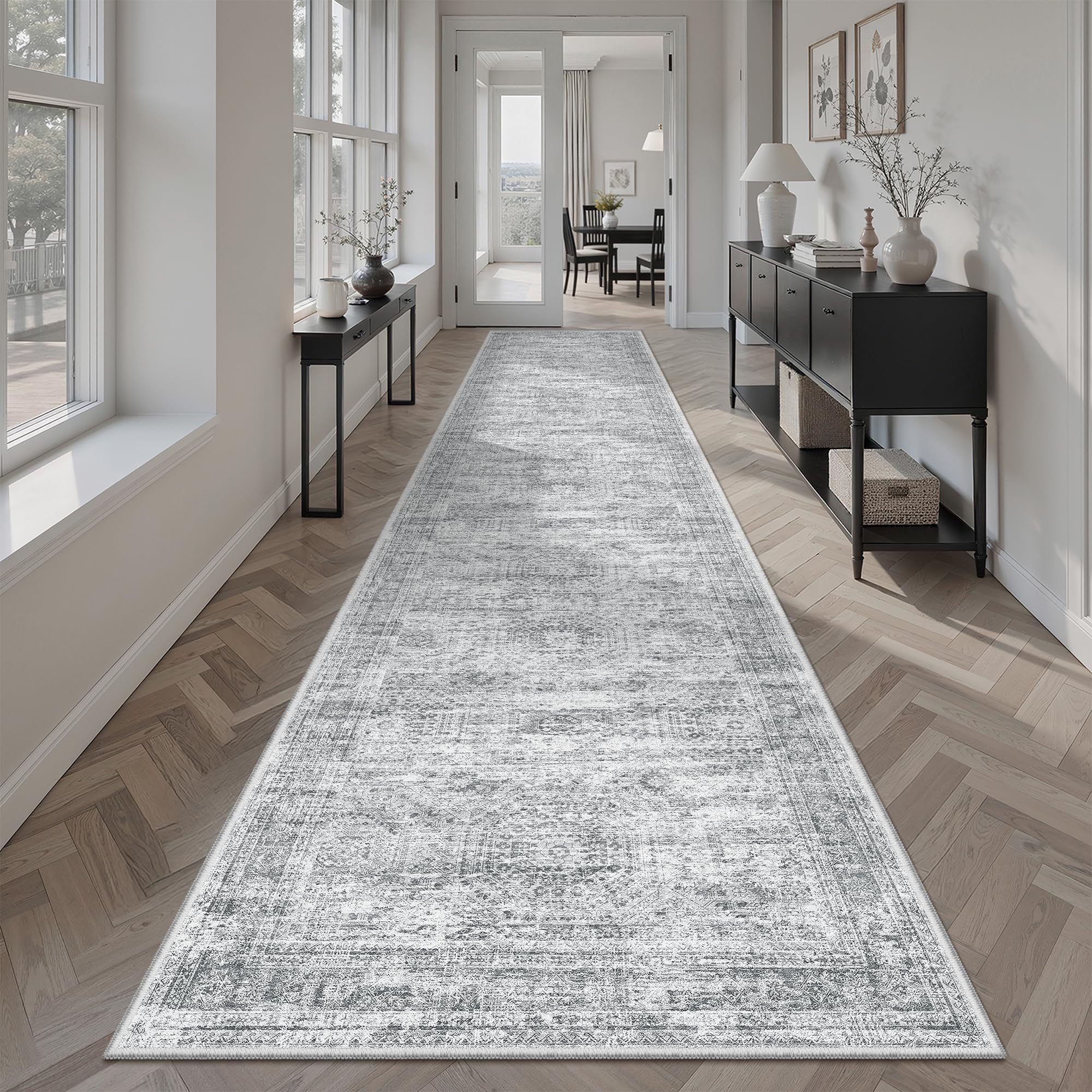 Runner Rug 2'6" x 12' Washable Non-Slip Runner Rugs for Kitchen Bathroom Laundry Room Vintage Ultra Thin Runners for Hallway Entryway Grey