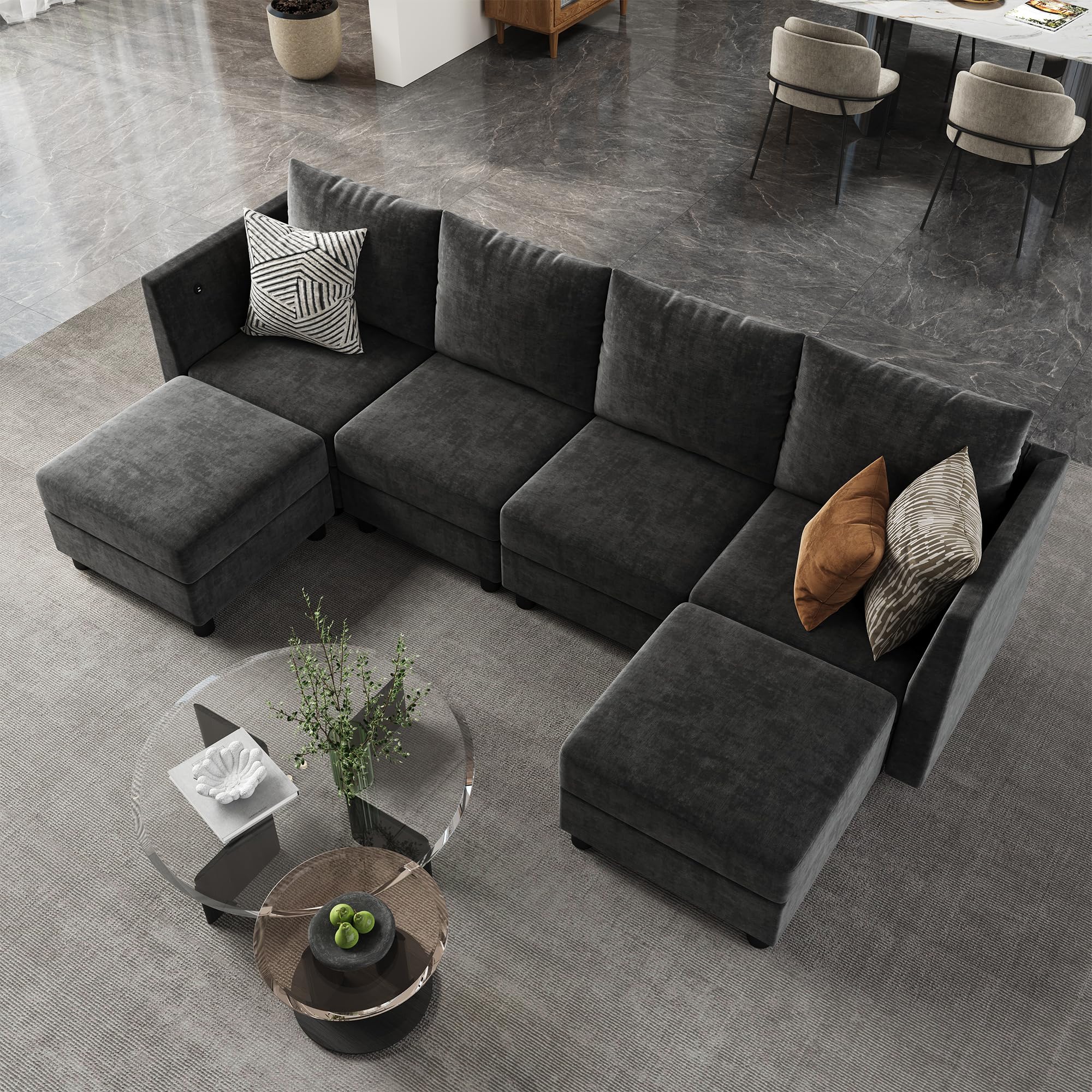 106'' Modular Sectional Sofa, 6 Seats Couch Set with Storage, U Shaped Sofa Couch with USB Charging Port, Modern Comfy Chenille Couch for Living Room, Dark Grey
