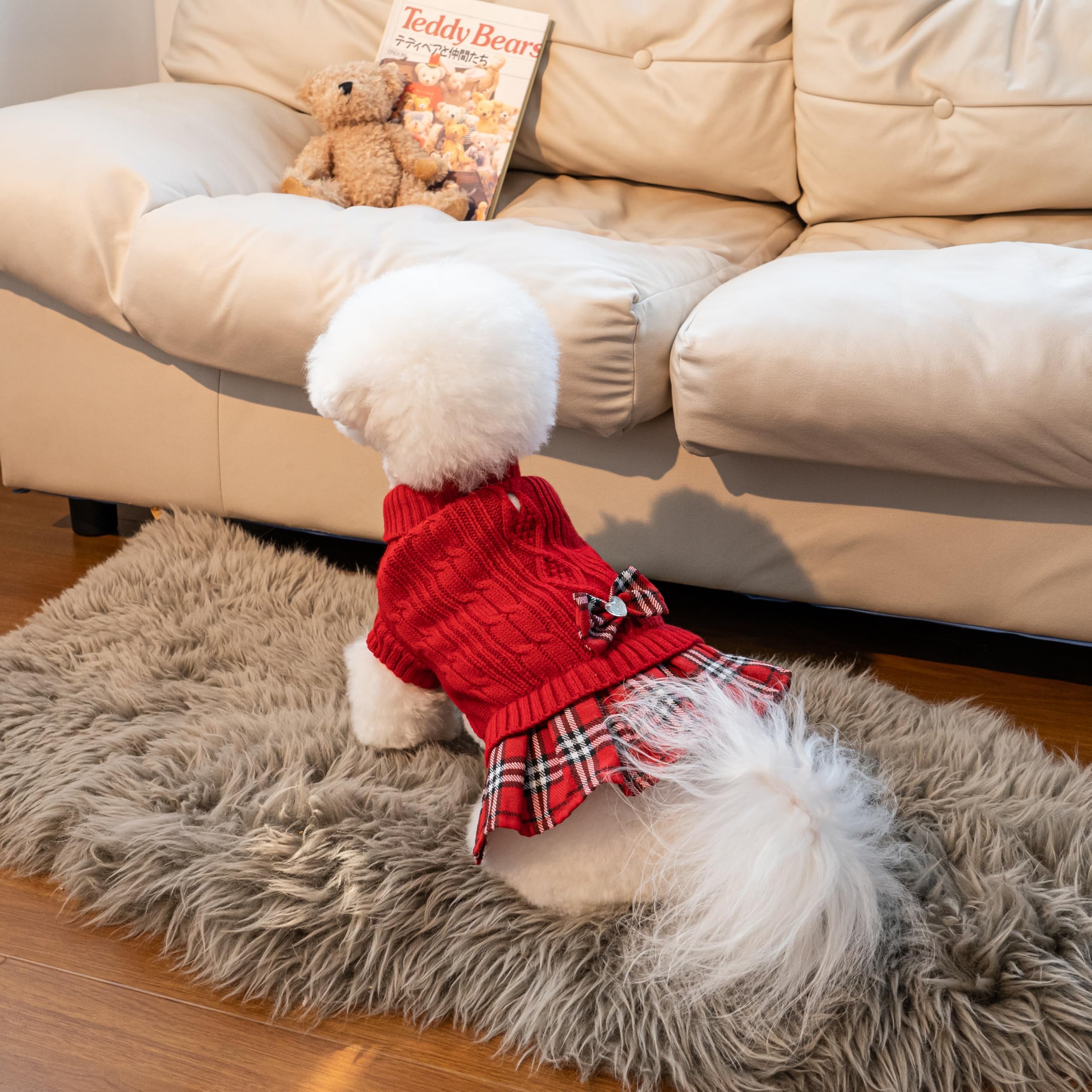 WOYYHO Hundepullover, Kleid mit karierter Fliege, Faltenrock, Hundepullover mit Loch für die Leine, Rollkragen, Hundepullover, Strickwaren, Welpenpullover, Winter, Hundekleidung für kleine mittelgroße