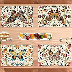 Jogo americano de tecido, conjunto de 4 - tapetes de mesa de tecido de linho grosso lavável borboleta para jantar, festa, cozinha e decoração de casa, decorativo e durável (30 x 45 cm) A64