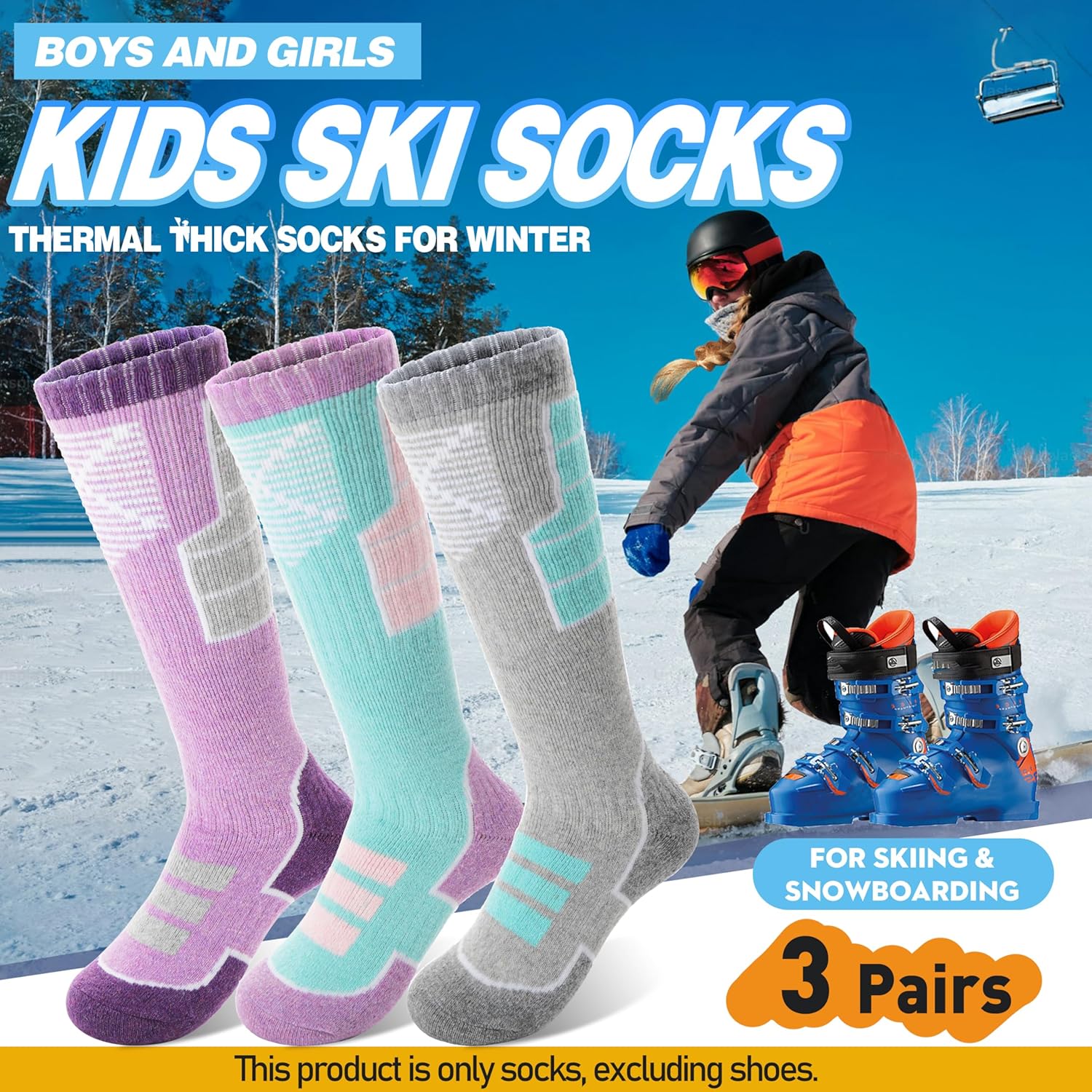 Anlisim Kids Merino Wool Ski Socks 3 Pairs Girls Boys Thermal Winter Warm Thick Breathable Socks for Skiing Snowboarding - Image 3