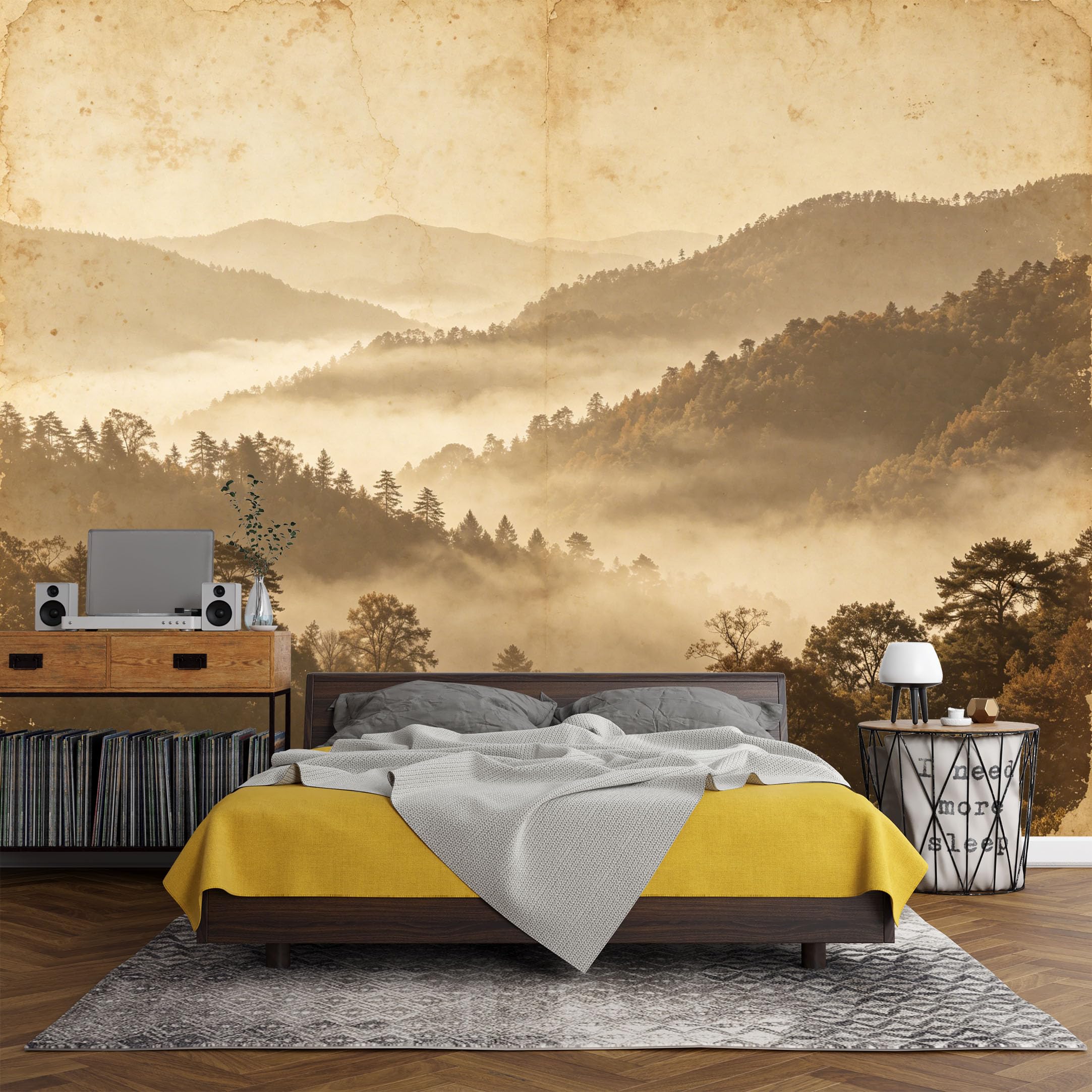 Custom Size Wall Mural Vintage Retro Misty Mountain Landscape Foggy Forest SelfAdhesive Art Prints wall Fabric（No PVC） Removable Wallpaper Living Room Decor