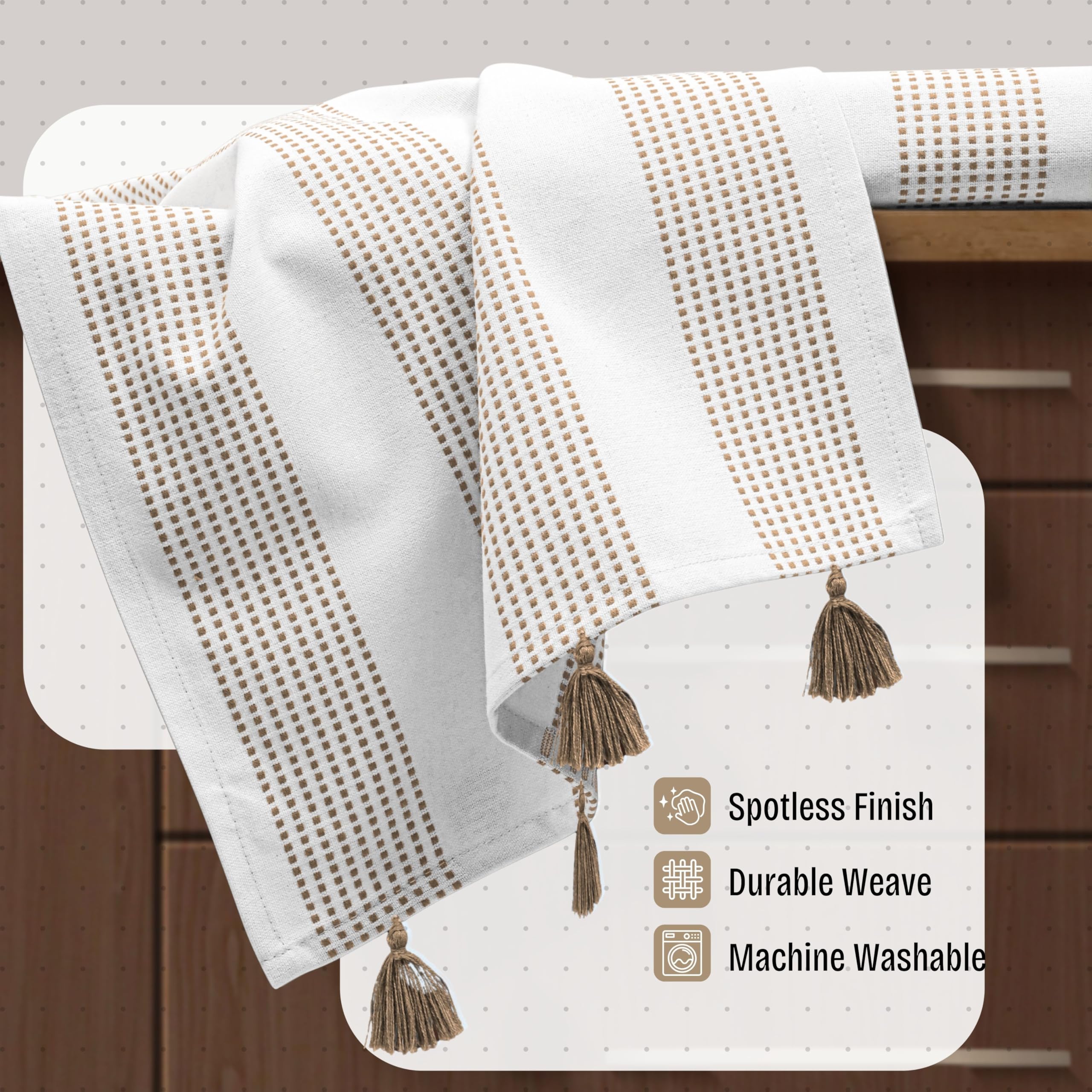 Strofinacci da cucina decorativi a pois beige, 40 x 66 cm, confezione da 12, morbidi, 100% cotone, assorbenti e ad asciugatura rapida, con nappe, ideali per pulire, asciugare i piatti