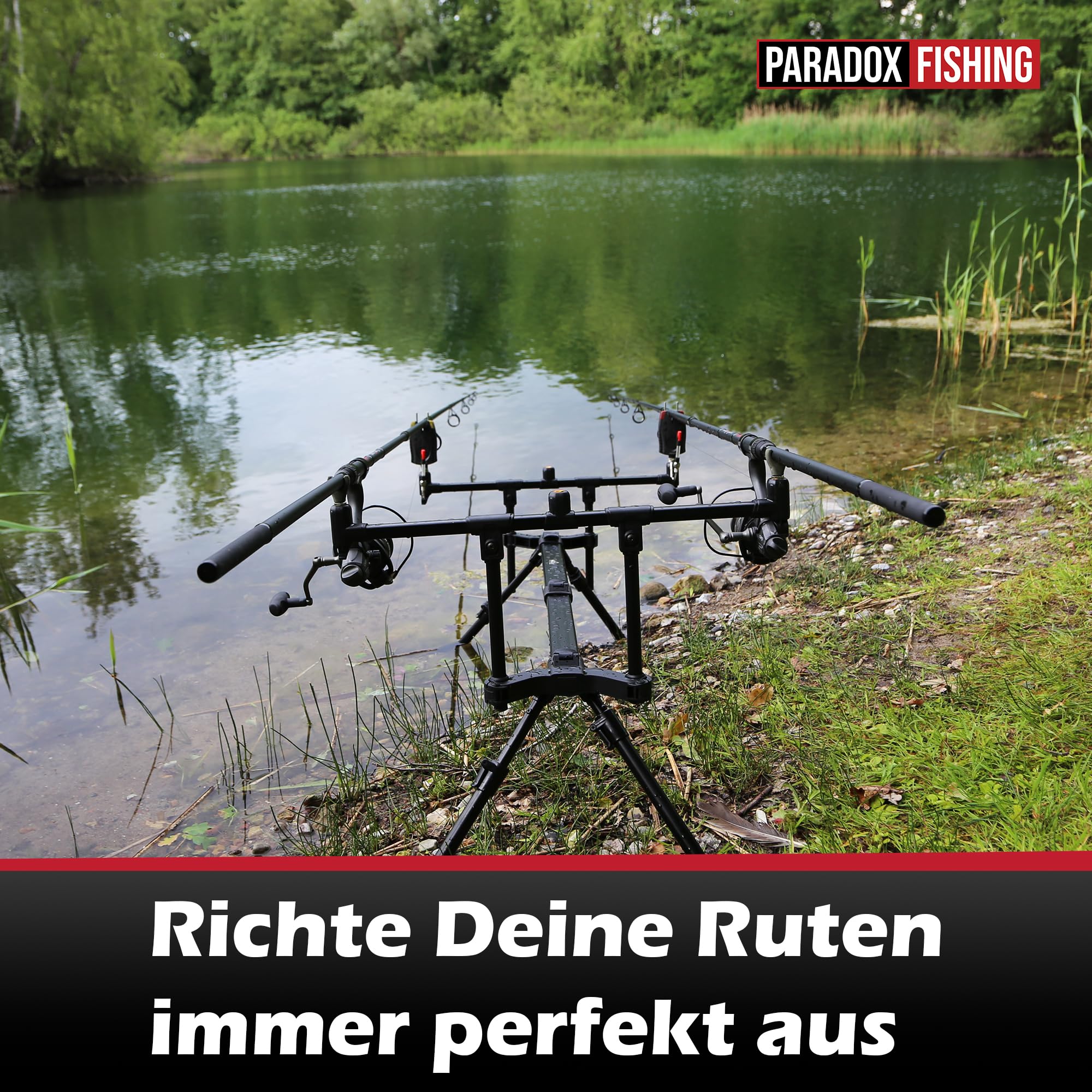 Paradox Fishing Rod Pod für 3 Ruten | Aluminium Rutenhalter verstellbar & rostfrei | Stabiler Karpfen-Rutenständer mit Wasserwaage | Inkl. Transporttasche | Angelablage für Ansitz- & Karpfenangeln