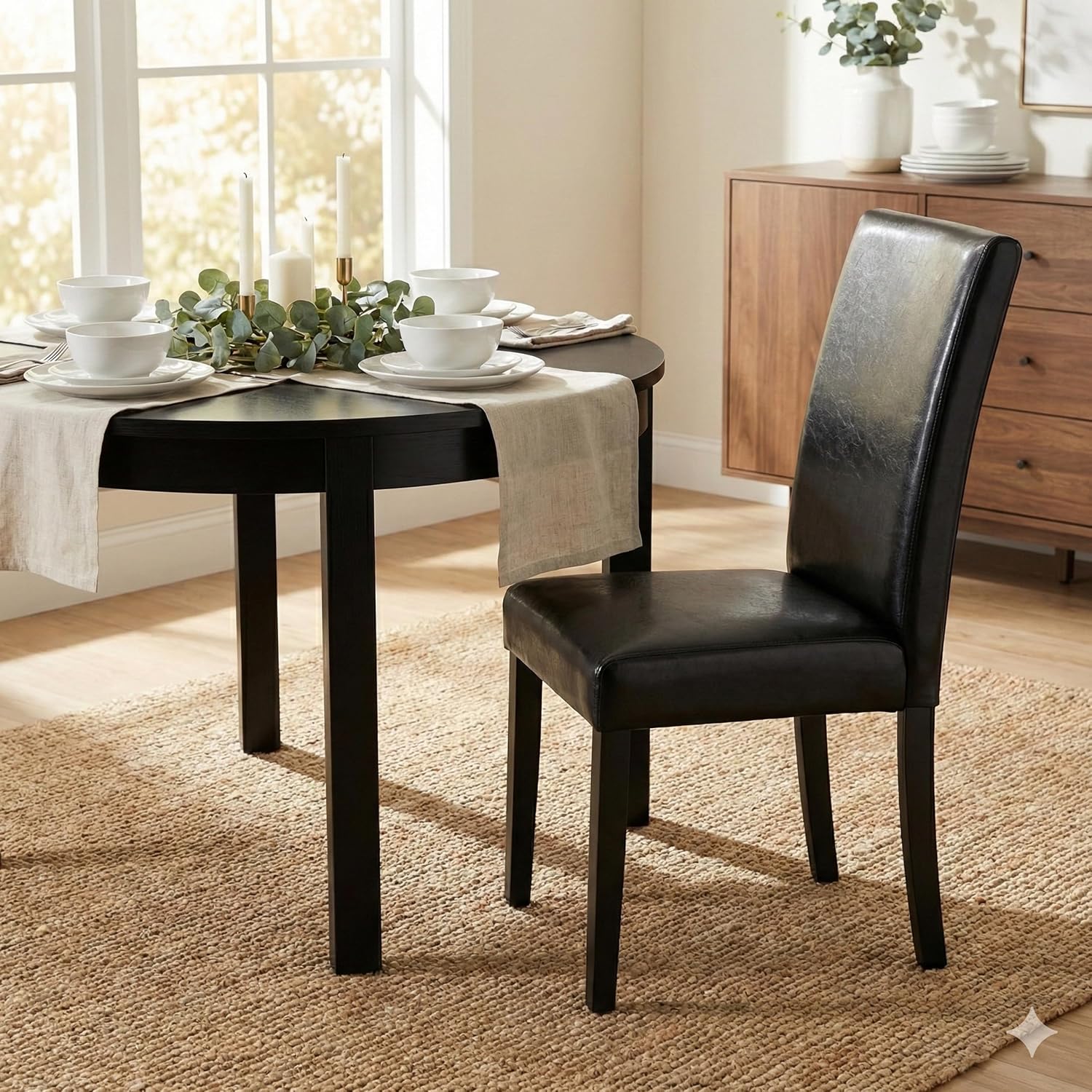 Modern Dining Chairs, Set of 2, Black Finish with Black PU Leather Upholstered Seats Solid Rubberwood