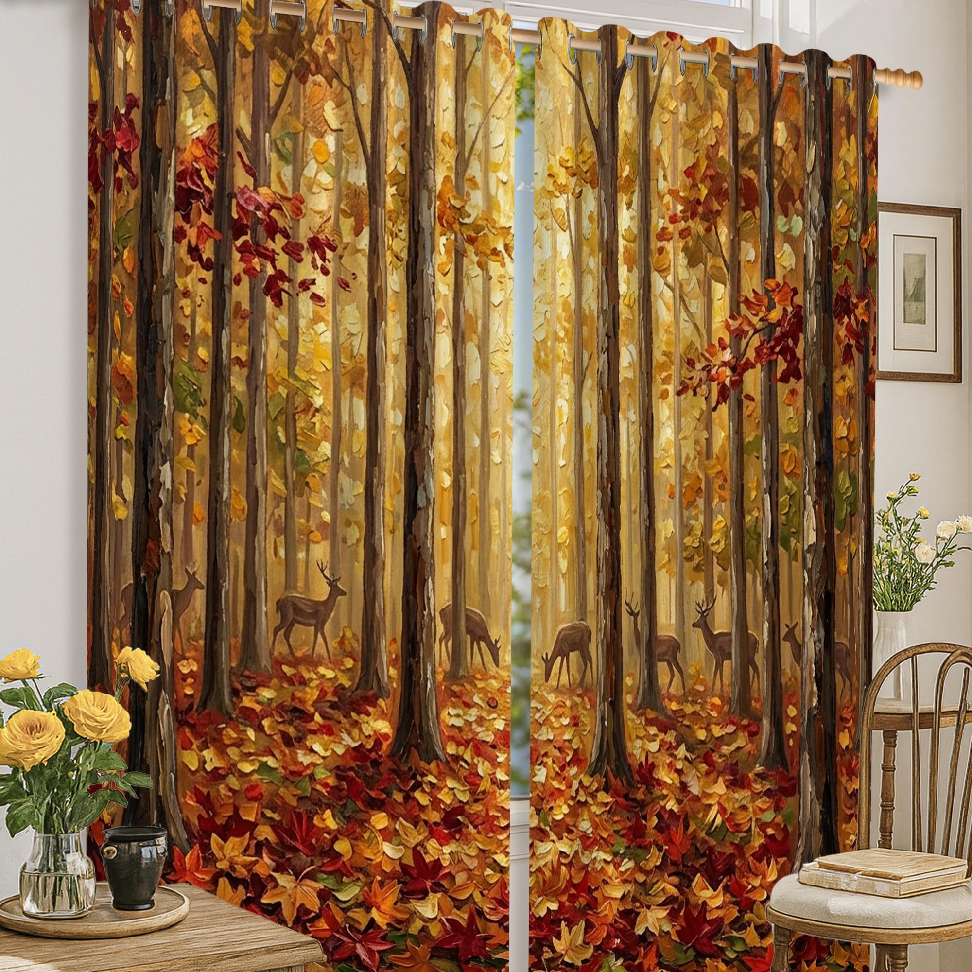 Rideaux occultants motif cerf et arbres d'automne 132 x 160 cm