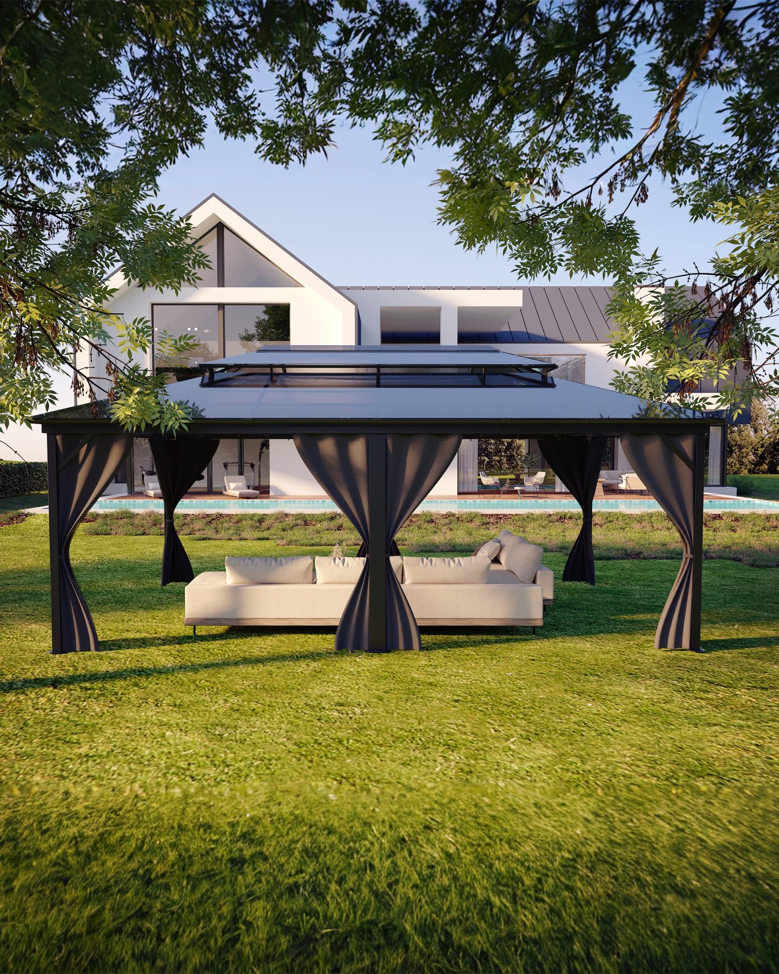Photo 1 of ***SEE NOTES*** GAOMON Hardtop Gazebo 12'x20', with Double Polycarbonate Roof, Aluminum Alloy Frame, Net, and Curtain, Permanent Building of Backyard Luxury, for Patio, Deck, Backyard, Lawn, and Garden, Gray