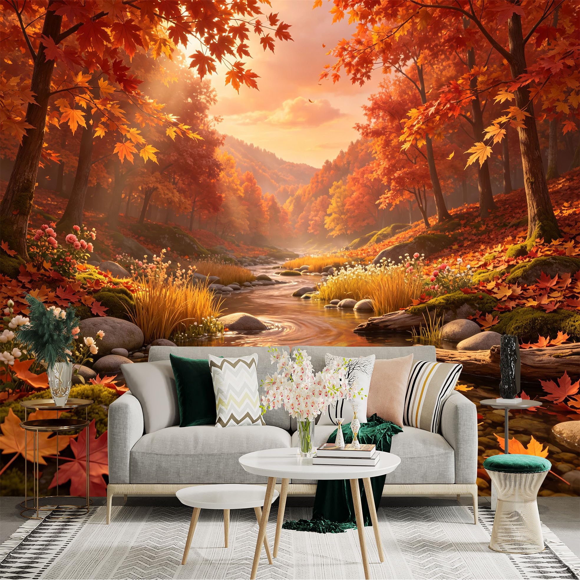 Lnzczhyre Bh260719604 Custom Size Wall Sticker Mural， Autumn Maple Forest Landscape， Calm River With Colorful Foliage， Sunset Scenic View， For Wall Decoration， Peelandstick Wall Decals.